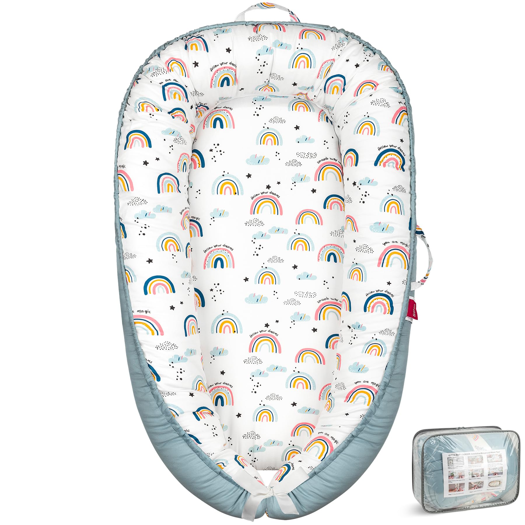 BUTOA Baby Lounger Tumbona para Bebés Recién Nacidos 0 24 Meses Nido para Bebés Suave y Transpirable Tumbona Portátil y Ligera para Hogar y Viajes Ideal Bebés Recién Nacidos Esenciales Azul Arcoíris