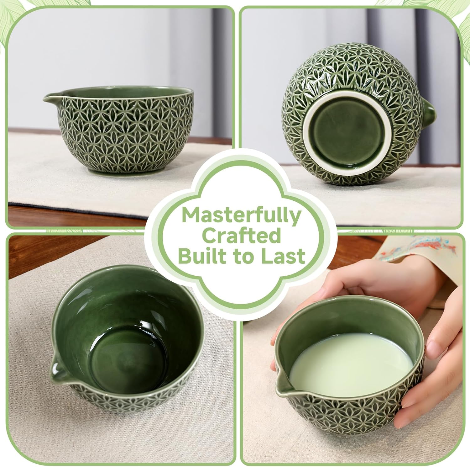 7 Pcs Matcha Whisk Set, Ceremony Matcha Kit with Matcha Bowl, Bamboo Whisk and Holder, Scoop and Scoop Rest, Sifter and Tea Towel, Gift for Matcha Lovers (Green/Bamboo Leaf-Patterned) - Image 2