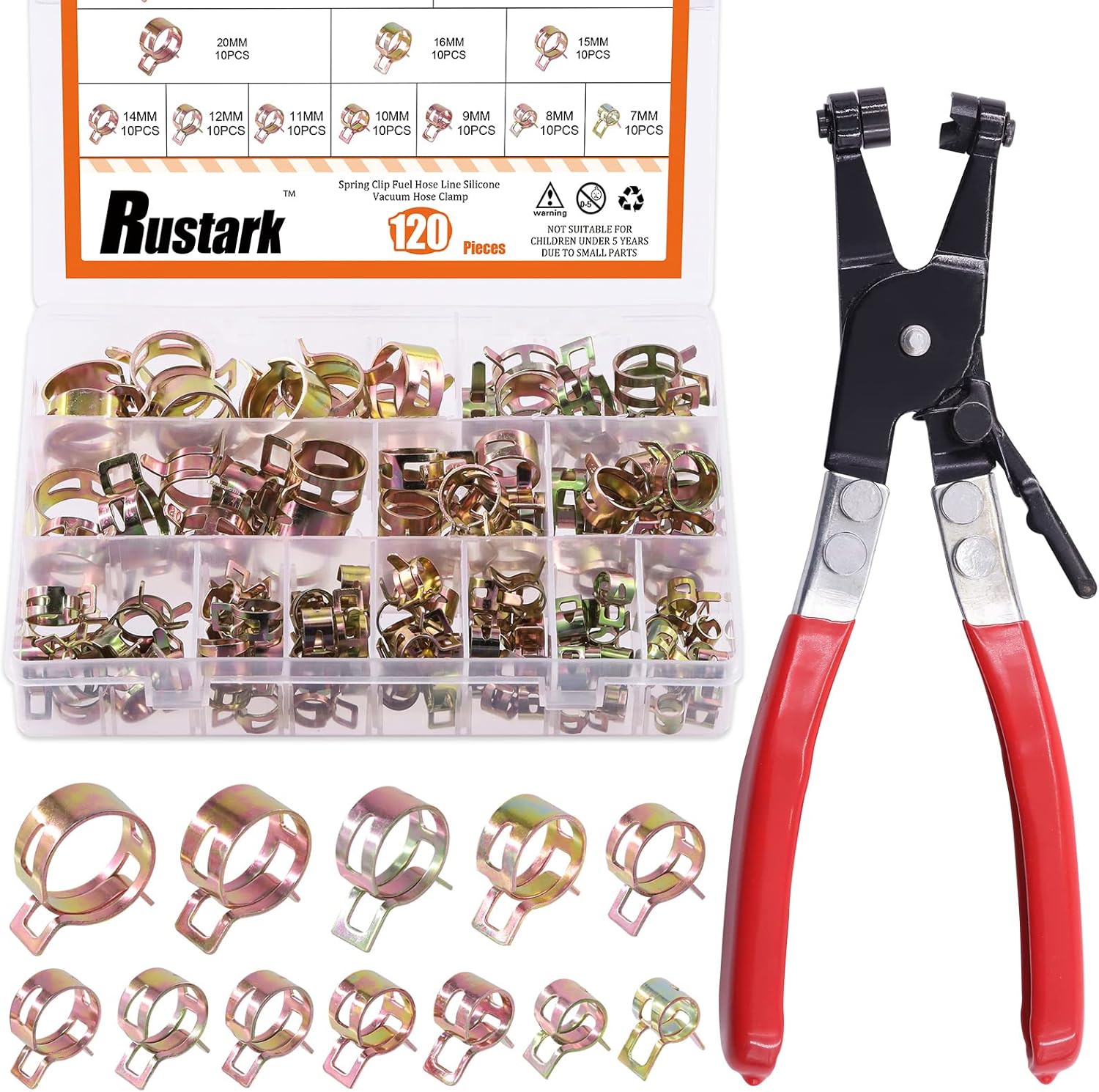 121Pcs 12 Different Sizes 7-22mm Spring Band Hose Clamps with Spring Clamp Pliers Assortment Kit, Fuel Line Silicone Vacuum Hose Pipe Clamp Low Pressure Air Clip Clamps Fasteners