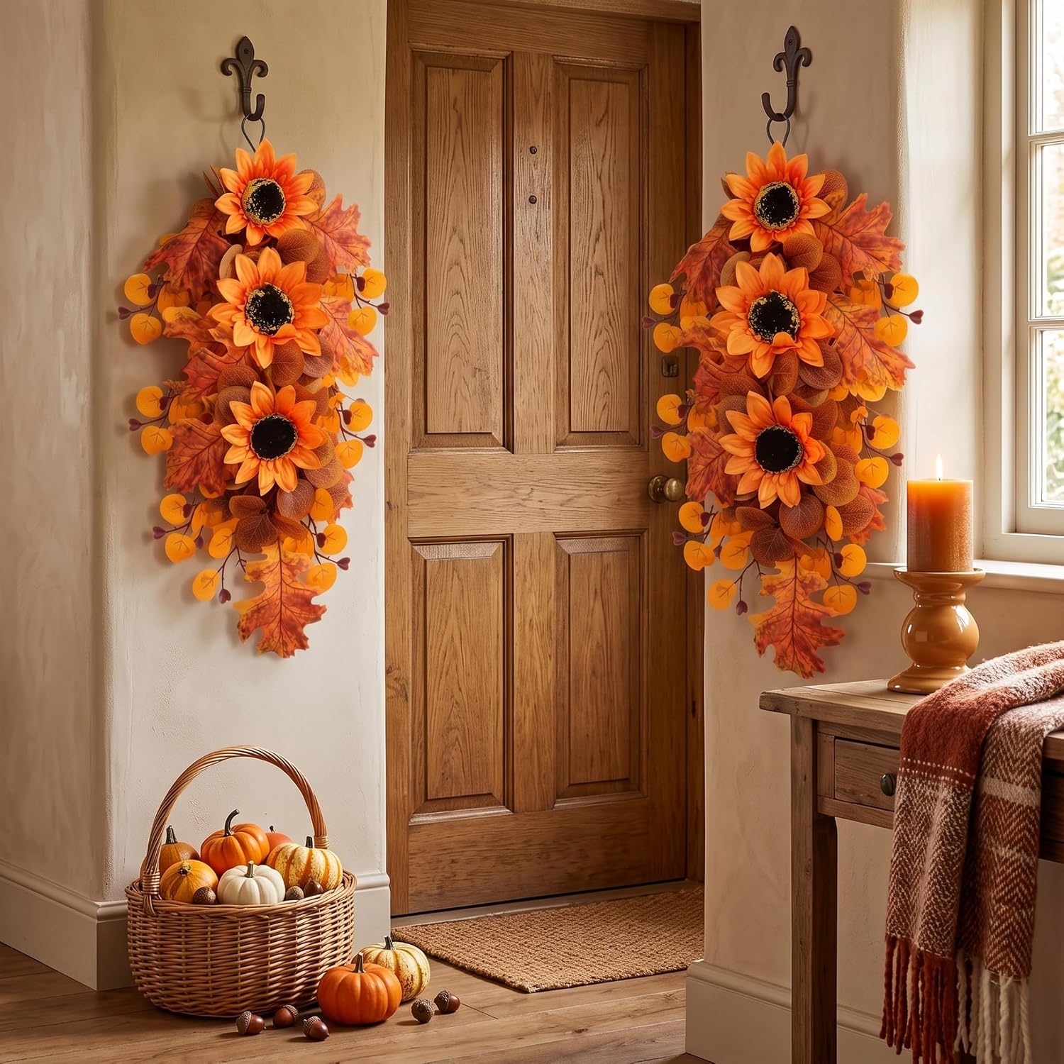 Fall Door Decor, 2 Pack Fall Sunflower Swags Wreaths, Orange
