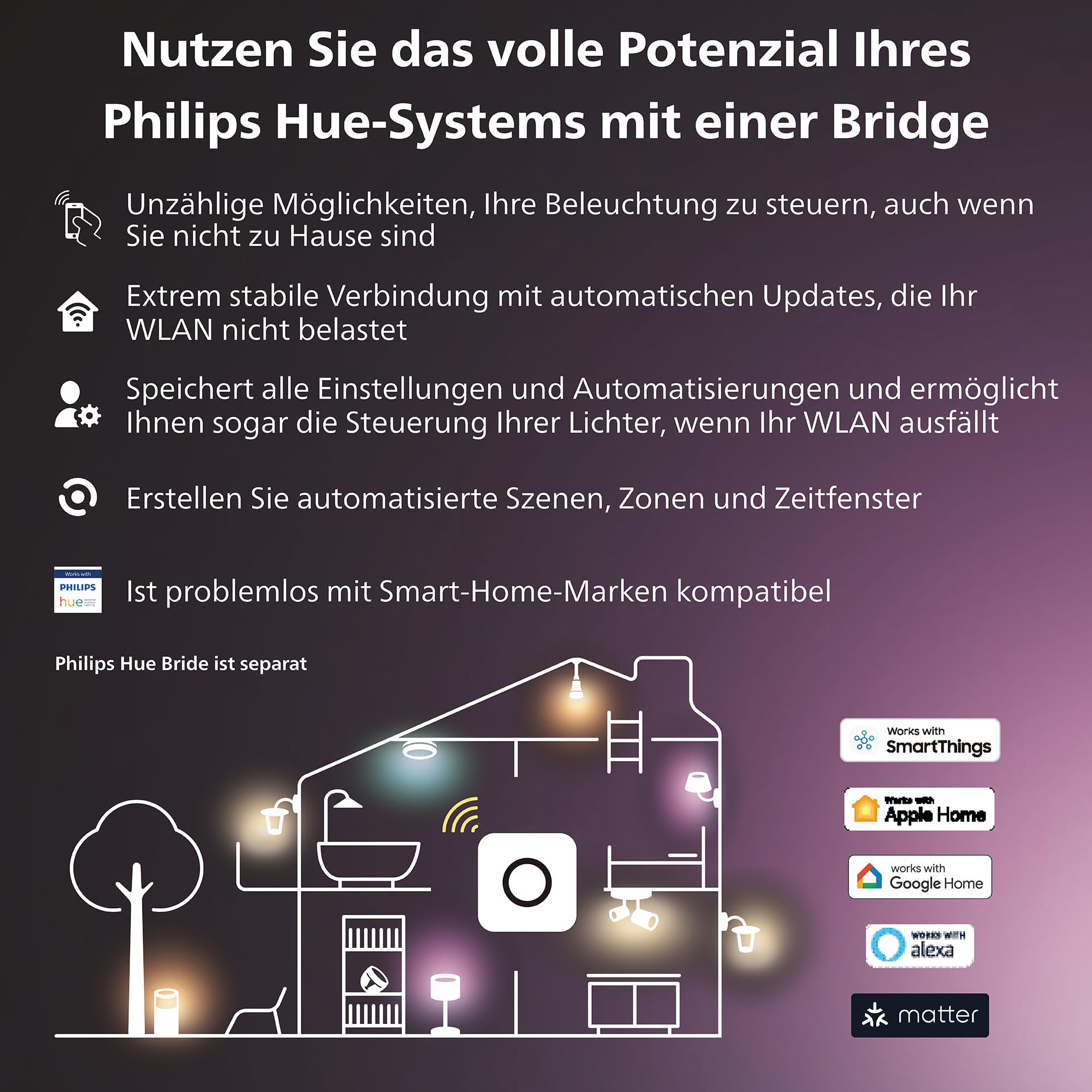Philips Hue White and Col. Amb. LED E27 Lampen mit Hue Bridge Steuerungszentrale, 2-er Pack, 800lm, 16 Mio. Farben und Weißtöne, Steuerung per App, Schaltern, Sprache