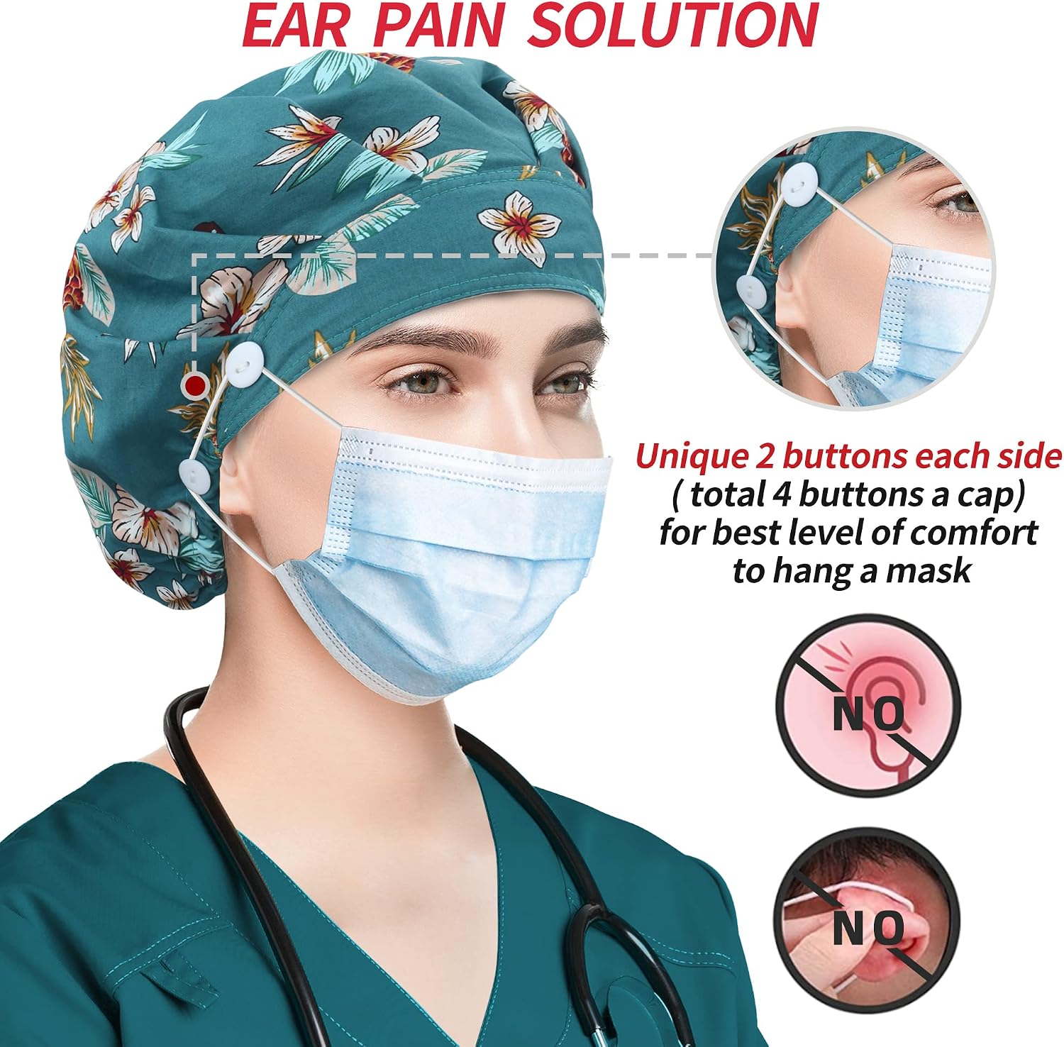 ABAMERICA Bouffant Caps with Button and Sweatband, Adjustable Scrub Caps for Women Men, One Size Multi Color