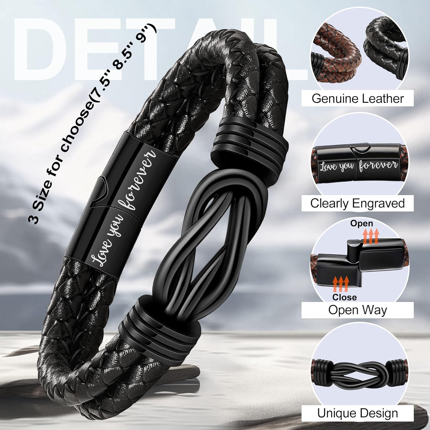 BTYSUN Gifts for Men, Valentines Day Gifts for Him Boyfriend Husband Teens Leather Bracelets for Men I Love You Gifts Infinity Cuff Bracelets Birthday Gift for Son Grandson Dad Fathers Day Gift - Image 5