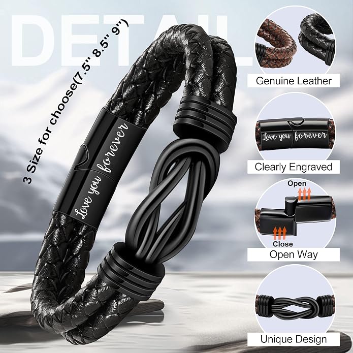 Pulsera de cuero para hombre negra miniatura 5