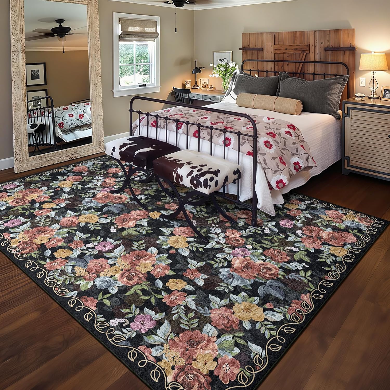 8x10 Machine Washable Area Rug for Living Room, Dark Blue Black Vintage Boho Floral Rug Large Non-Slip Low Pile Soft Faux Wool Carpet Kids and Pets Friendly for Bedroom Dining Room Farmhouse Decor Rug