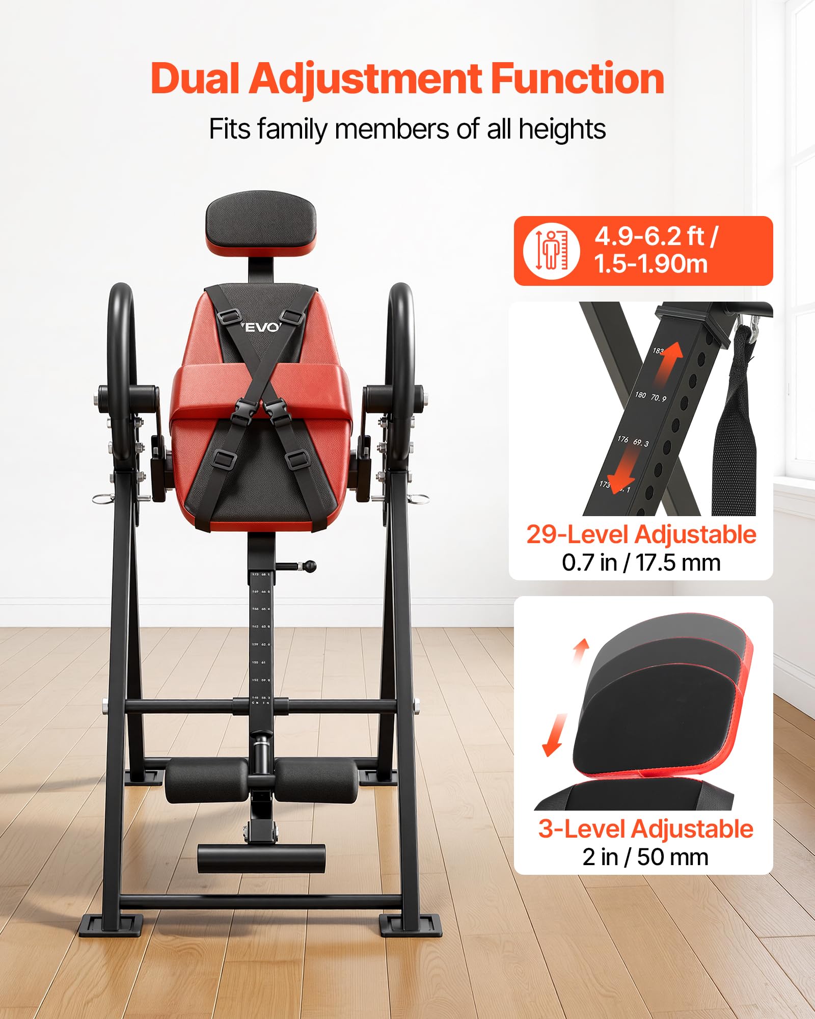 VEVOR Tavolo ad Inversione Fitness, Panca ad Inversione Carico Max 136 kg Pieghevole, Attrezzatura per Decompressione di Collo Schiena da Palestra Sviluppo Muscolare, Stretching, Cinghia Regolabile