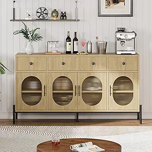 GarveeHome 62" Large Sideboard Buffet Cabinet with Storage and 3 Drawers, Buffet Table Coffee Bar Storage Cabinet with 4 Glass Doors for Dining Room, Living Room, Kitchen
