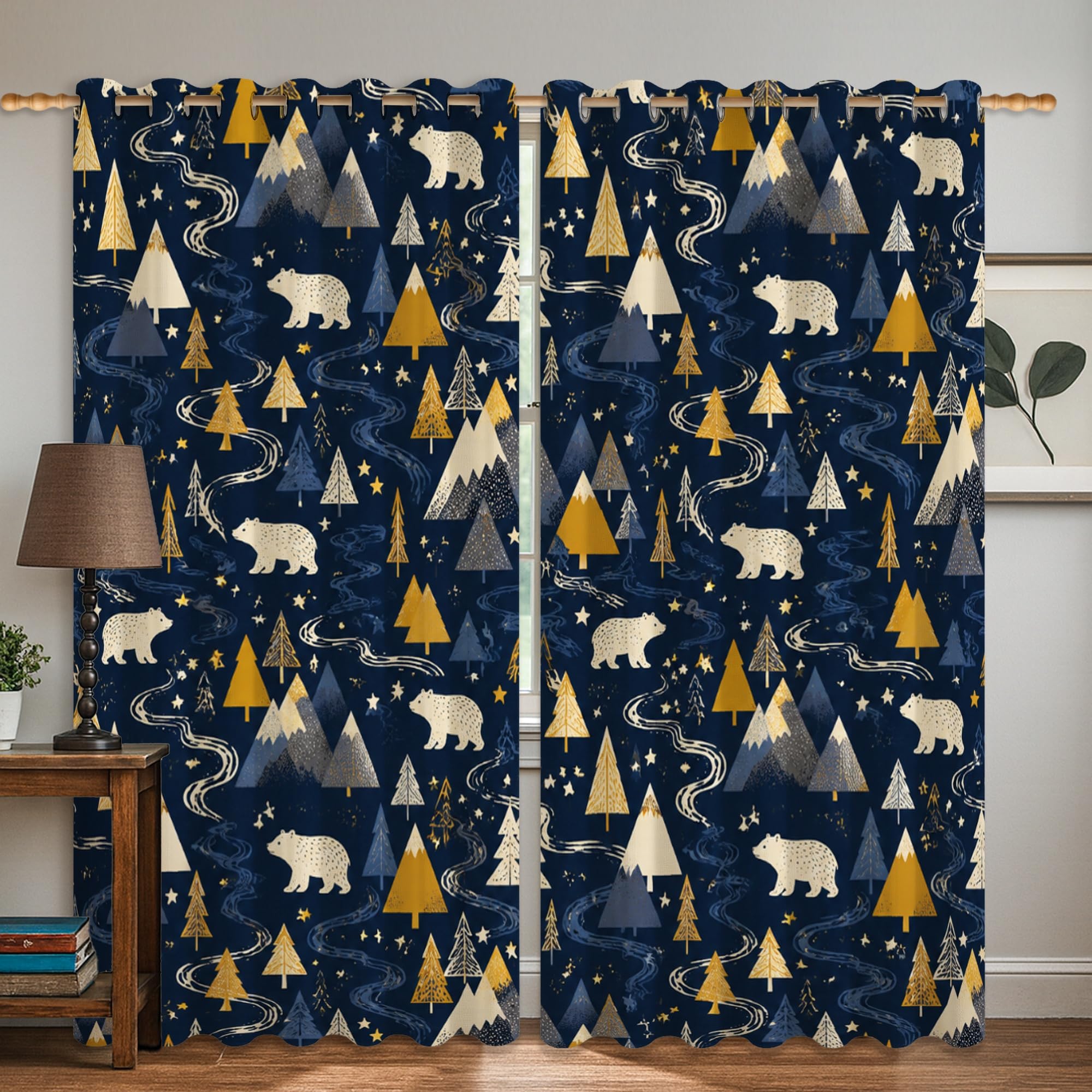 Rideaux occultants 132x160 cm bleu marine à motif ours et montagne pour chambre