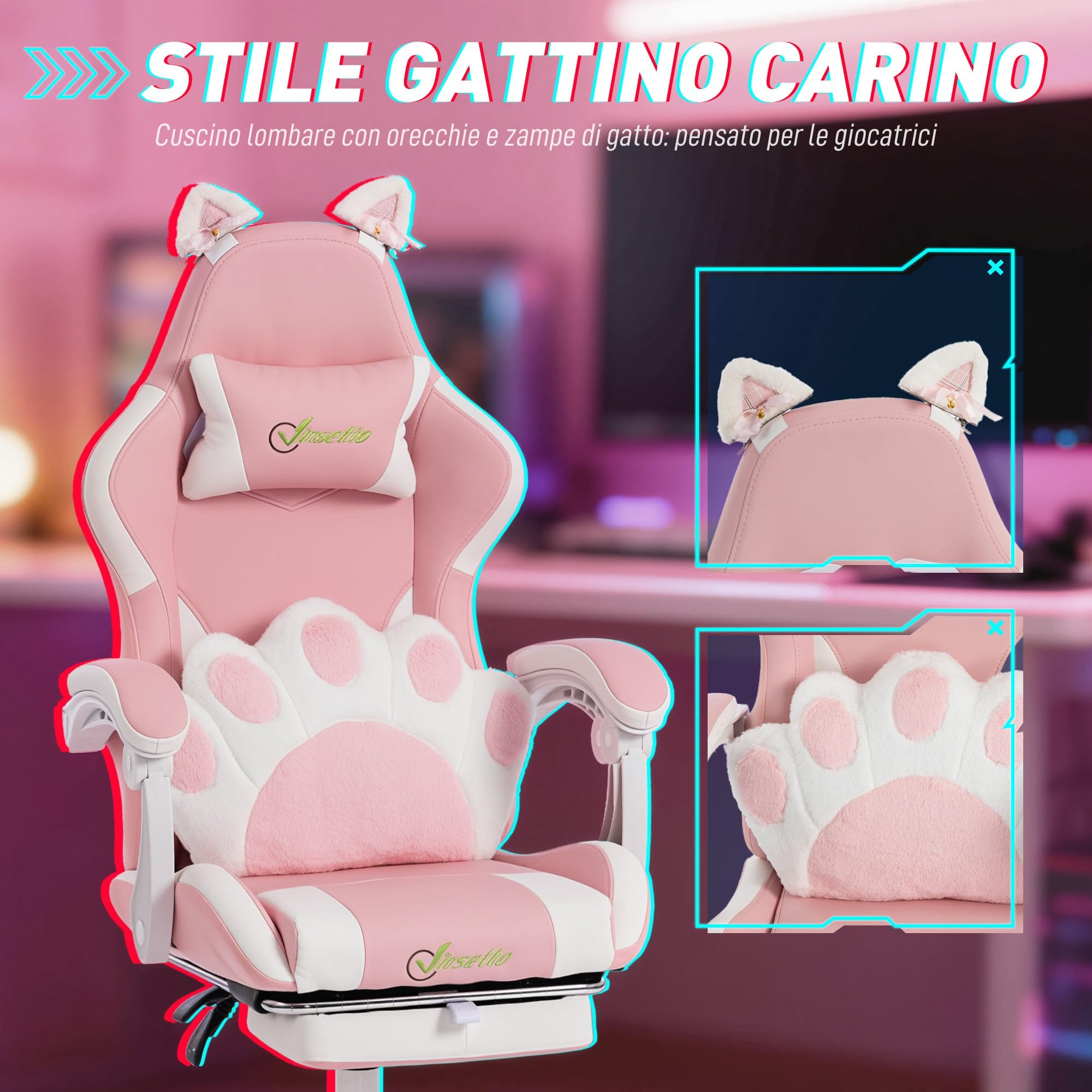 Vinsetto Sedia Gaming Ergonomica con Orecchie da Gatto, Poltrona Gaming Ufficio Reclinabile in Finta Pelle con Poggiapiedi, Poggiatesta e Altezza Regolabile, Supporto Lombare e Cervicale, Rosa