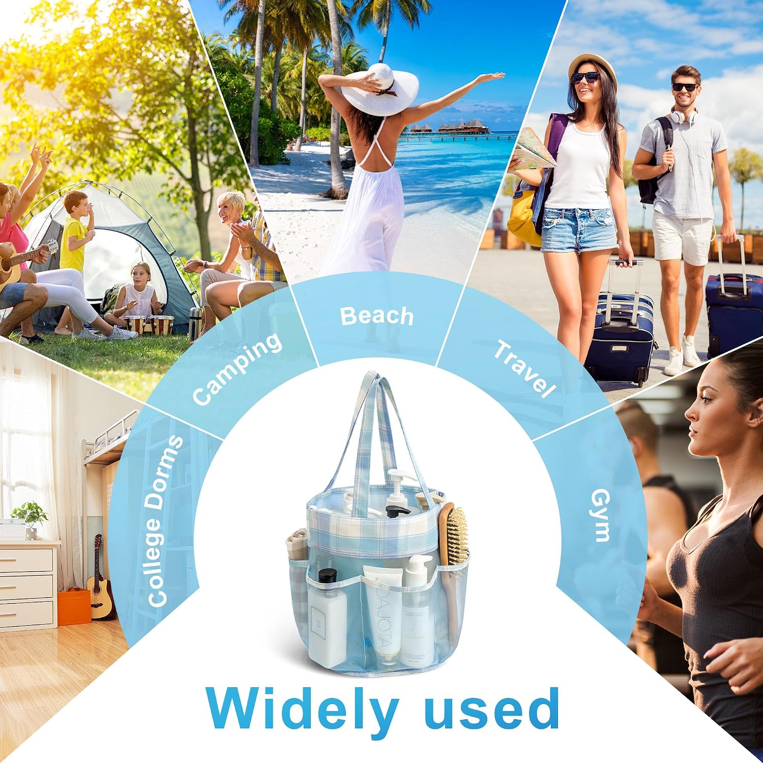 Mesh Shower Caddy Portable Bathroom Caddy Organizer | for College Dorm Essentials, Hanging Shower Tote Bag with 7 Pockets for Beach, Swimming, Gym camping Blue Checkered