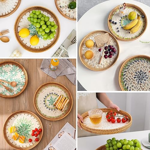 Miniatura 3 de Bandeja redonda de ratán de 12 pulgadas con incrustaciones de madreperla, bandeja decorativa para comer, bandeja de mesa de café, bandeja de mimbre