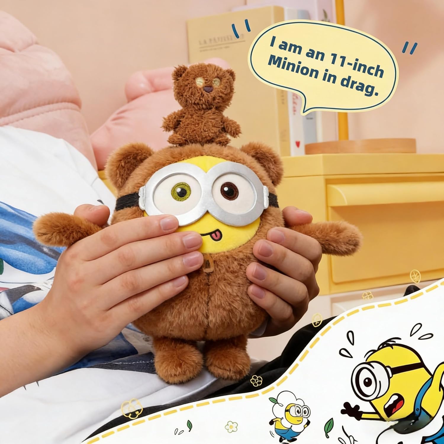 MINISO Minions Bob in Bear Outfit Plush Doll 9 Inch, Ultra-Soft Fluffy Stuffed Animal with Tiny Teddy Bear, Huggable Plush Toy for Kids, Kawaii Plushies Birthday Gift for Toddler Boys Girls Room decor