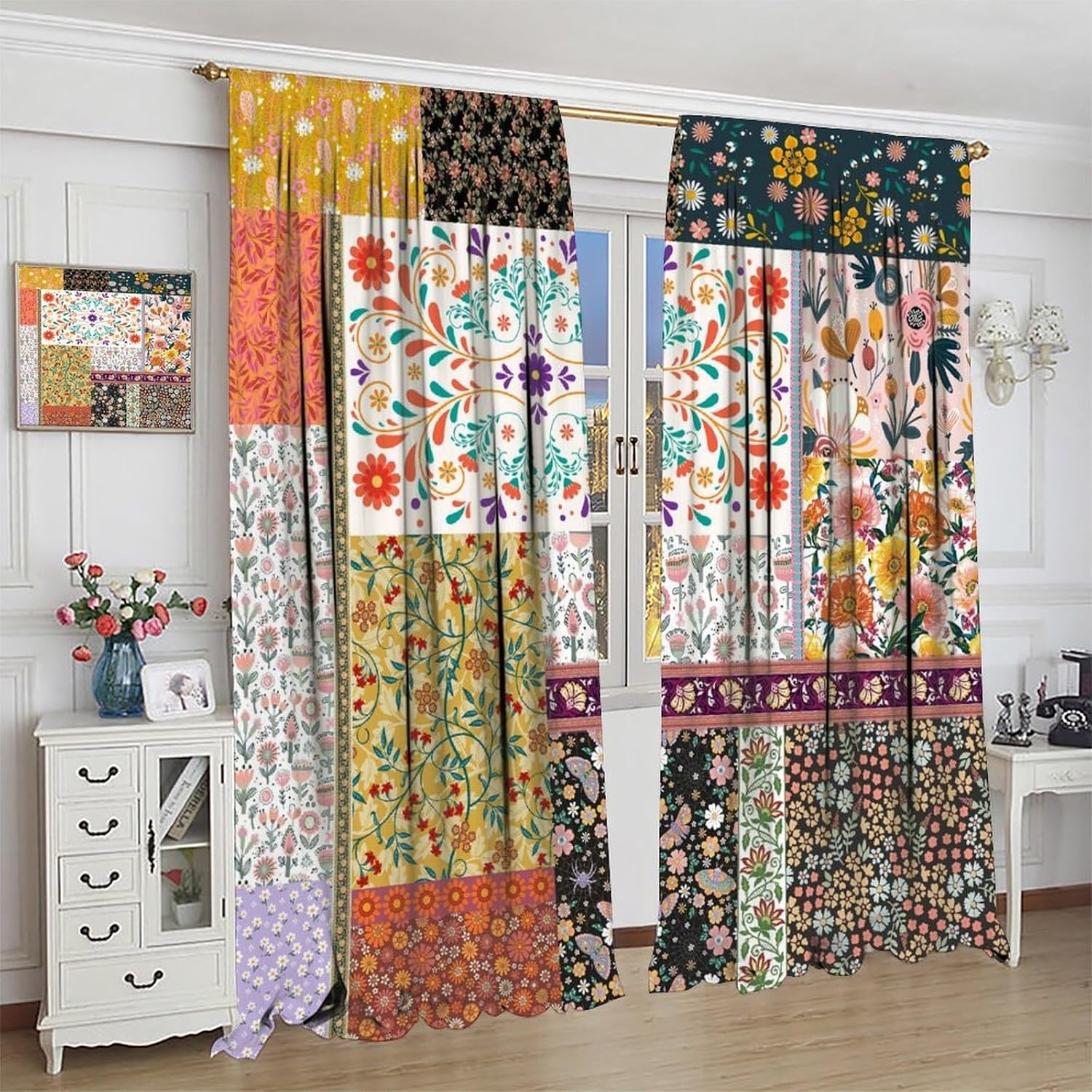 Boho Patchwork Curtains, Colorful Wildflower Hippie Flower Farmhouse Country Retro Window Treatments, Rod Pocket Thermal Insulated Drapes 2 Panel Sets for Bedroom Living Room, 42"W x 45"L【Decor】