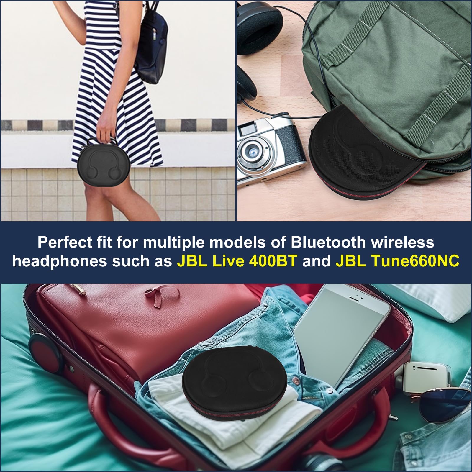 EVA Hard Headphone Case for JBL Tune 510BT / 520BT / 500BT / 660NC / 670NC / 570BT / 525BT / 600BTNC, JBL Live 460NC / 670NC / 400BT / JBL T450BT and Soundcore H30i, Samsung AKG - Black