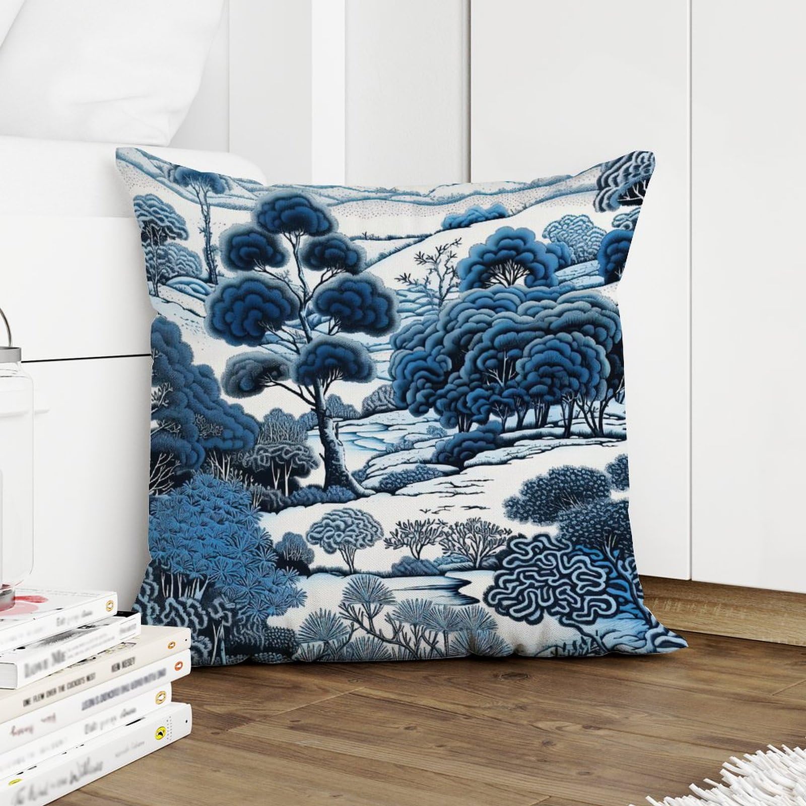 DecStic Blue And White Indigo Chinoiserie Pillowcase Navy Chinoiserie Pine Tree Pillowcase Pillow Case Classic Farmhouse Decor Pillow For Sofa Bed Office Couch Chair 18x18 IN