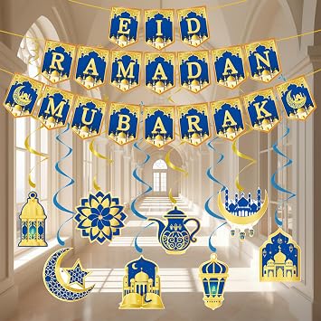 35PCS Ramadan Decorations, Eid Ramadan Mubarak Banner and Foil Hanging Swirl Streams Ceiling Decor for Home, Shining Gold Star Moon Lanterns Castles Ornament for Islamic Muslim Al-Fitr Party Supplies