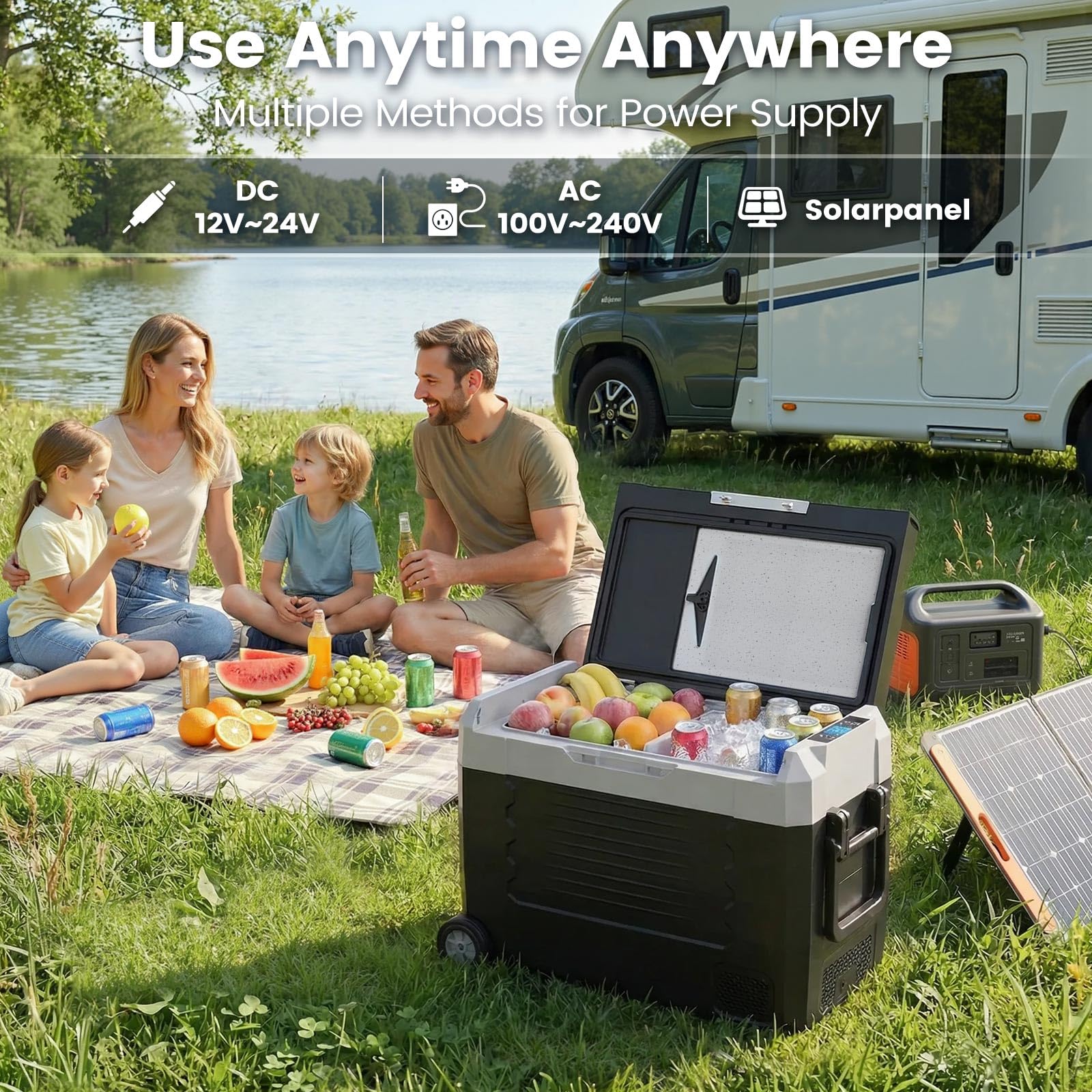 KROAK 55L Kompressor-Kühlbox mit Bluetooth-App, Dual-Zone (-20°C bis +20°C), elektrisch für 12V/24V/230V – mit Rollen, Trennwand & Schneidebrett – ideal für Camping, Auto, LKW, Wohnmobil