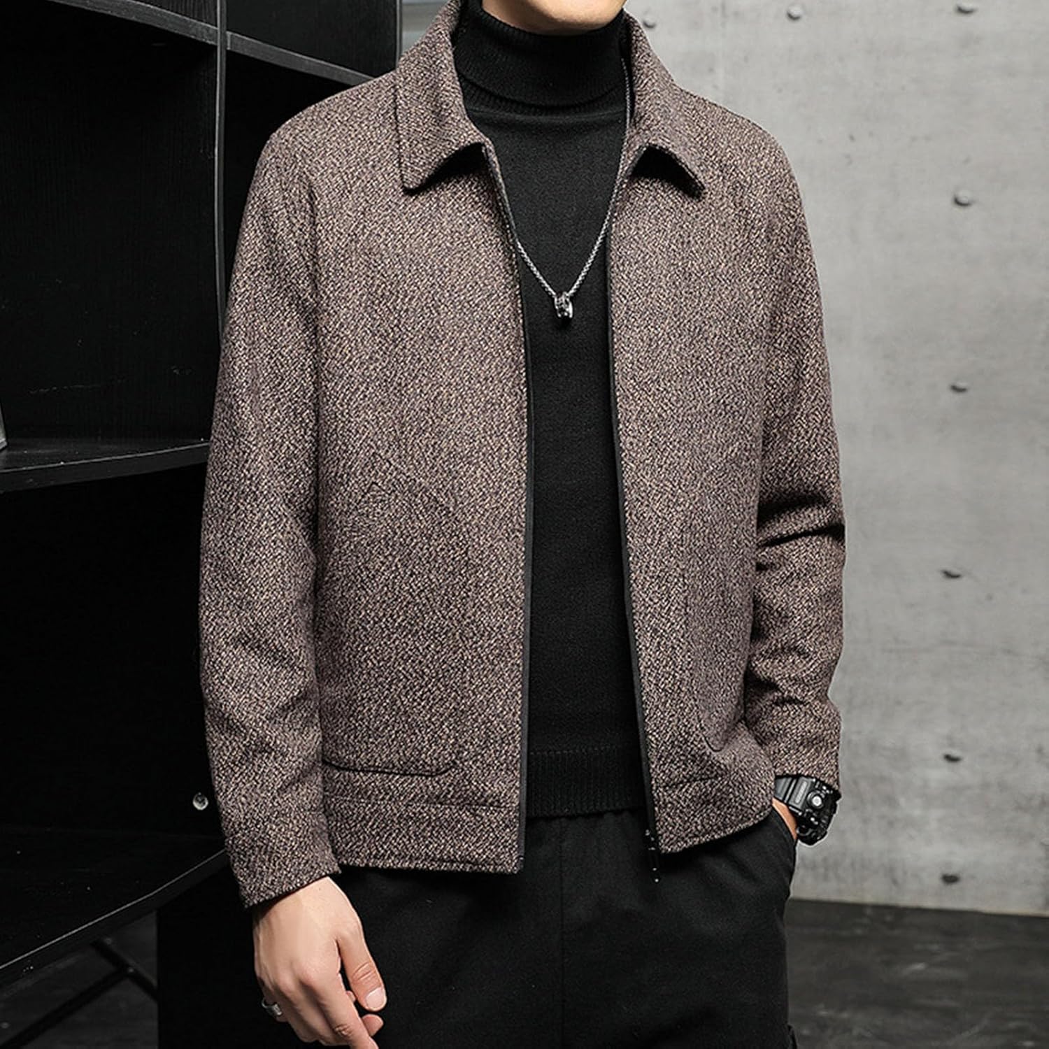 SWJGLITTR Men's Woolen Casual Jacket Male Front-Zip Lapel Collar