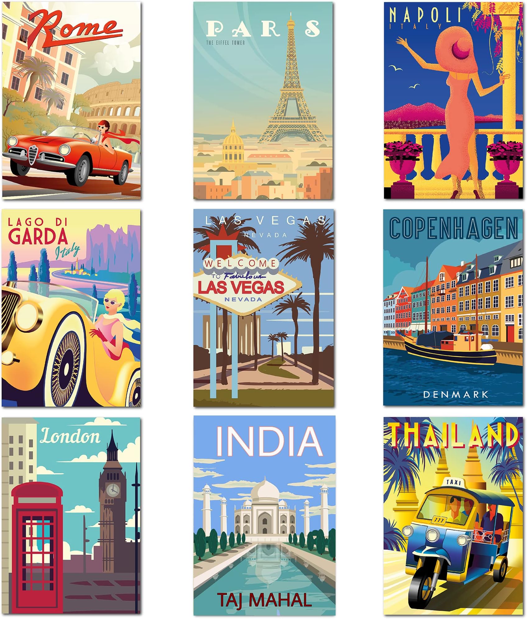 9 x Vintage Travel Posters from A4 Size Wall Art on Thick 350gsm Card. Set 1 ** UNFRAMED **