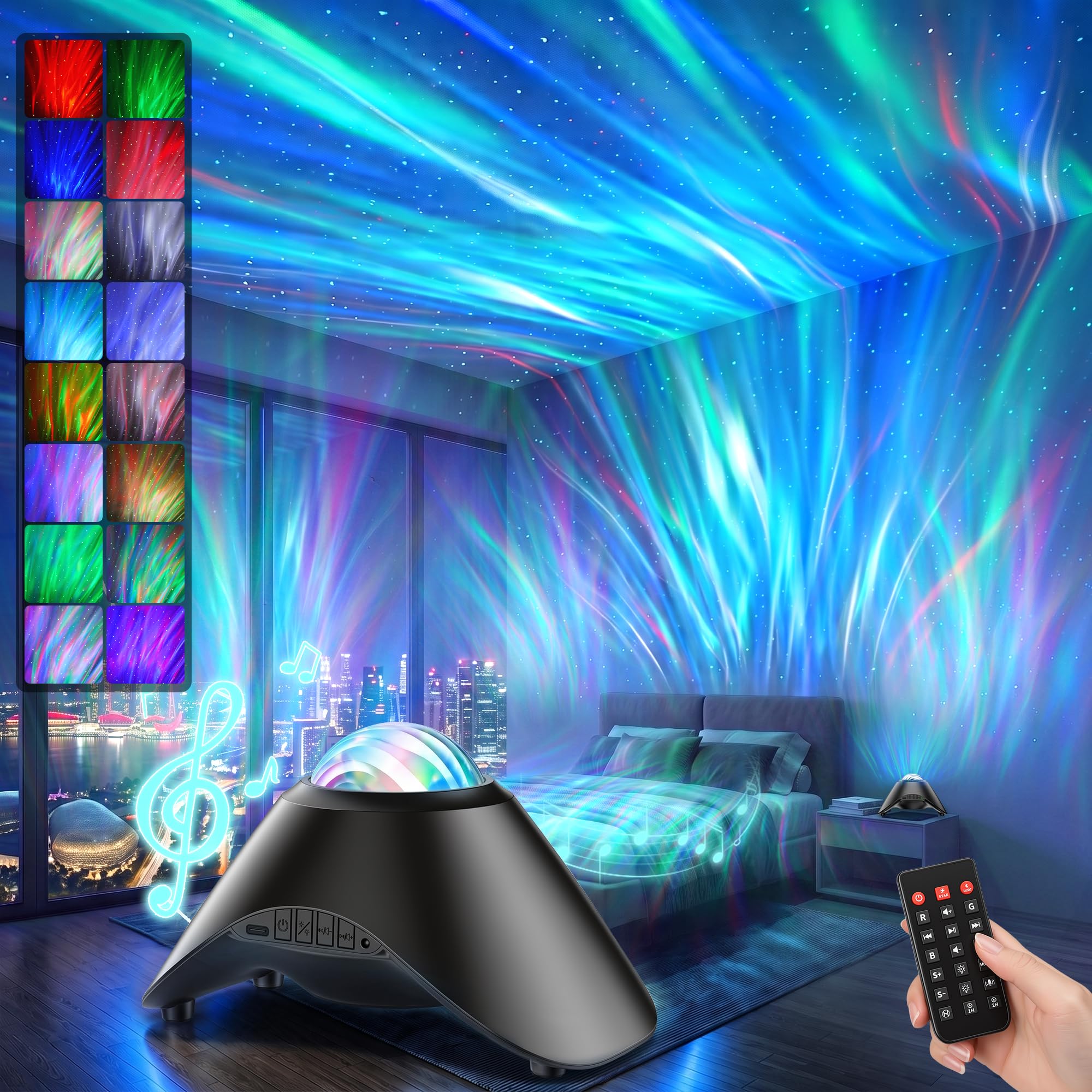 Galaxy Projector and Aurora Stars with Bluetooth Noise White Remote Control | Black 16 Colors Ambiance Lamp for Bedroom Dimmable Remote Control Music Bluetooth Gift for Girls