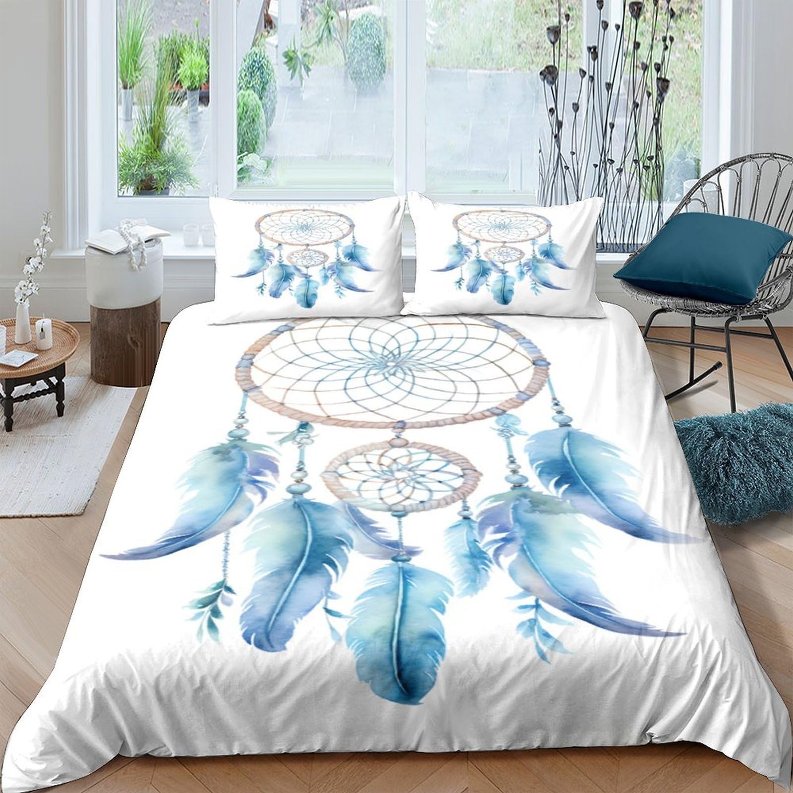 Ctjqhvkz Style-4 3D Printed Dreamcatcher Fitted Sheet Microfiber Soft Blue Feather Mattress Cover For Bedroom Guest Room Decor Single（135X200cm）