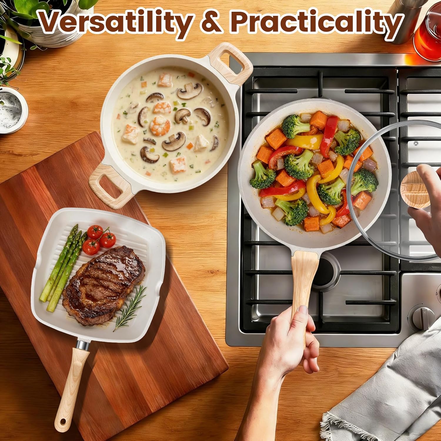 AOSION 27PCS Pots and Pans Set, Nonstick Ceramic Cookware Set, Healthy Kitchen Cooking Set with Gloves, Apron, Silicone Tools & Pot Protectors, Oven & Dishwasher Safe, PFOA/PFOS Free,Ivory - Image 9