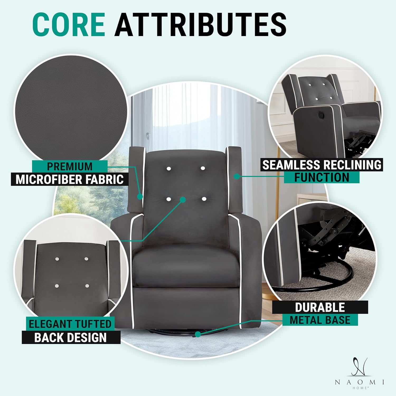 Nursing Chair for Breastfeeding and Bonding, 360° Swivel Rocker Recliner with Adjustable Recline Range, Ergonomic Lumbar Support, Adjustable Footrest, Easy Assembly, Soft Microfiber Fabric