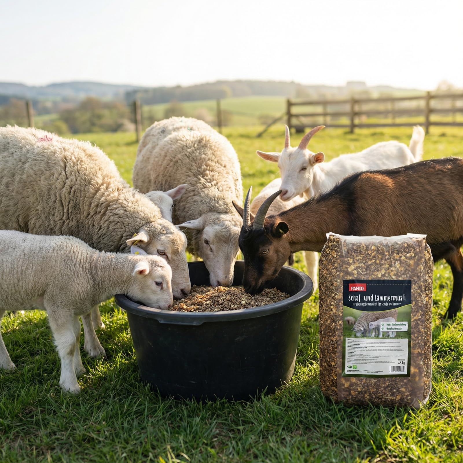 PANTO Schaf- und Lämmermüsli 15kg – hochwertiges Kraftfutter Schafe und Ziegen, Pellet-Flocken-Mischung, Schaffutter mit Vitaminen und Mineralien, für Ziegen geeignet