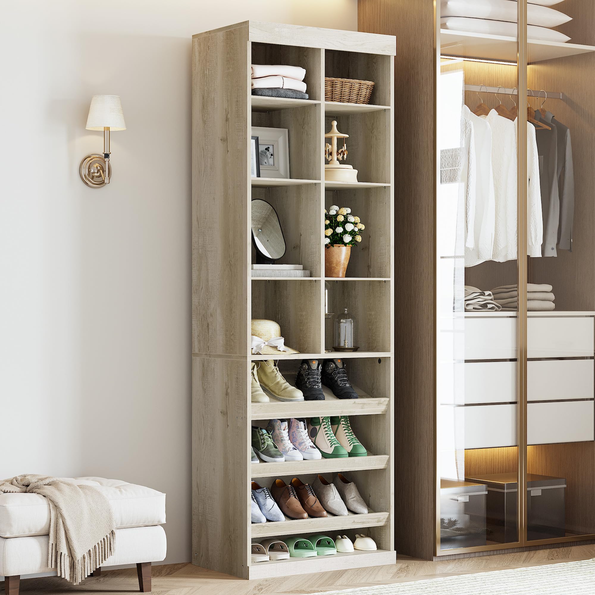 IRONCK Closet Shoe Organizer Cabinet with Shelves and Cubbies, Narrow Footwear Shoe Rack Storage Organizer for Closet for Bedroom, Entryway, Mudroom,