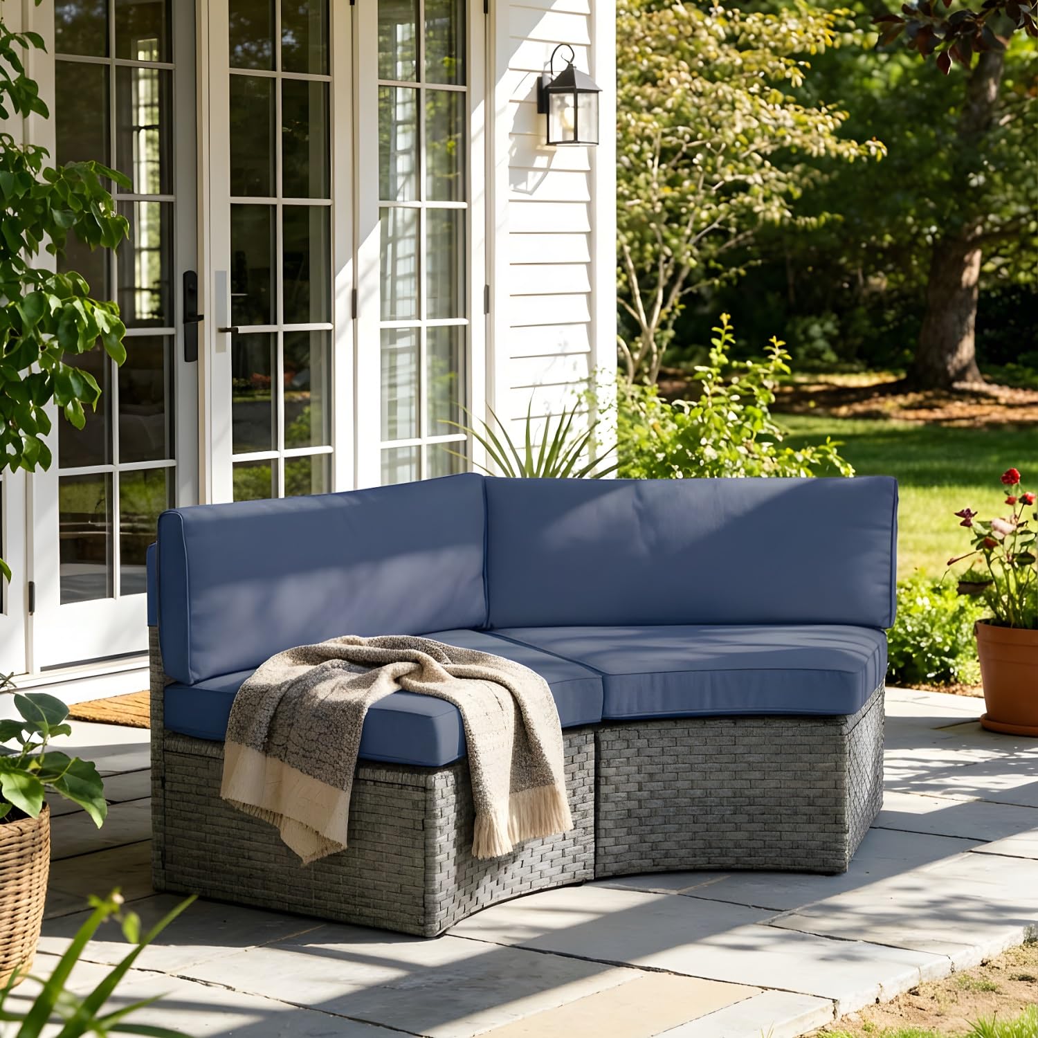 SUNSITT Outdoor 2-Piece Half-Moon Patio Furniture Curved Outdoor Sofa Wicker Sectional Set with Denim Blue Cushions