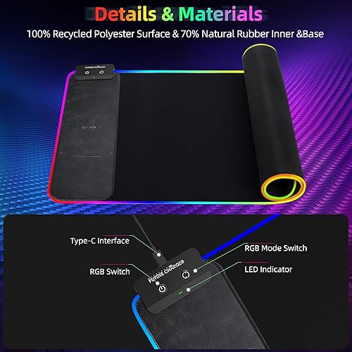 Miniatura 7 de Alfombrilla de mouse RGB con cargador inalámbrico, XXXL grande (31.5 x 15.7 pulgadas), alfombrilla de mouse para juegos con carga inalámbrica,