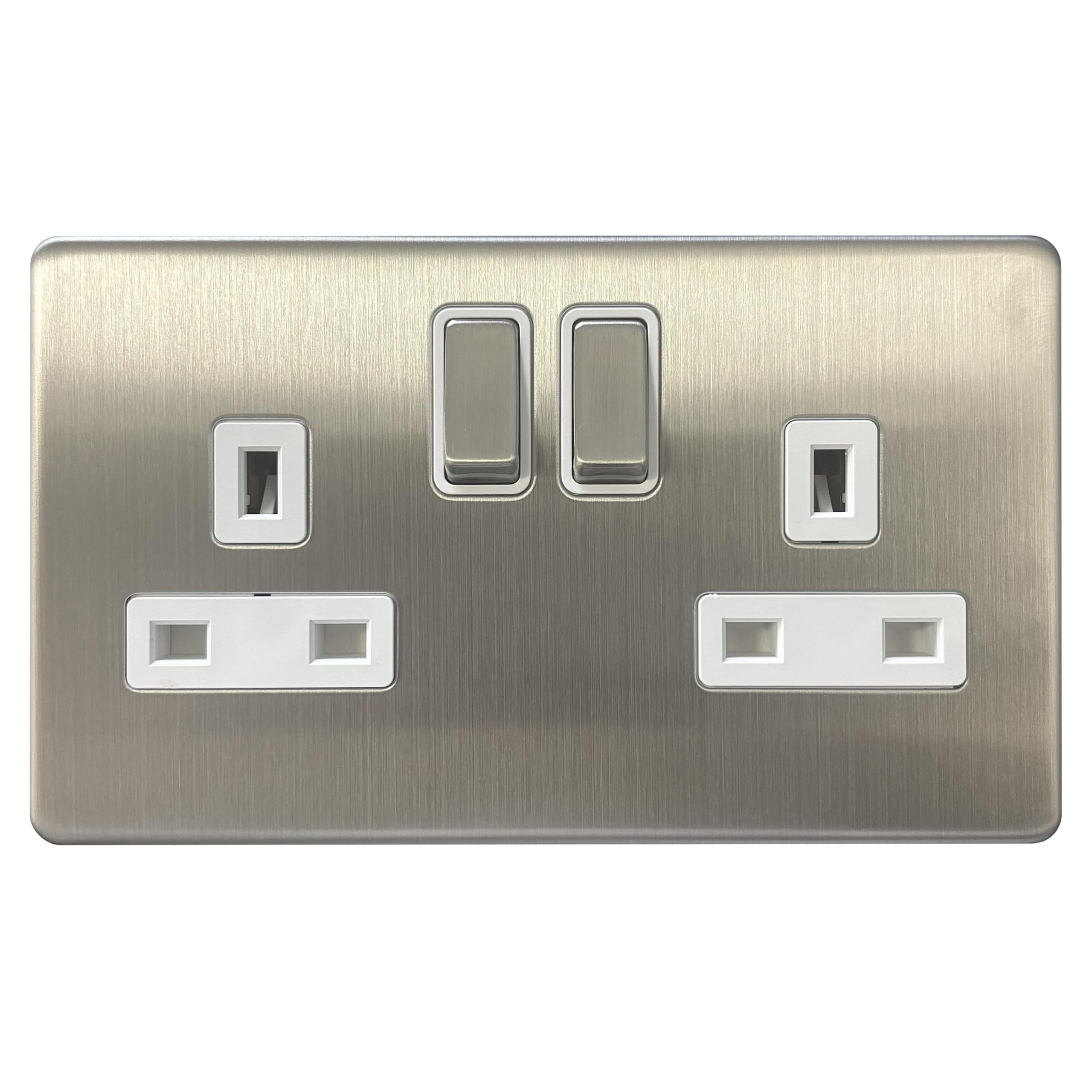 EVOGES Terra 2 Gang 13A Double Pole Switched Socket – Decorative Wall Power Outlet, Twin Plug Socket, Fits Standard UK Back Boxes, UK Wiring Accessories (Brushed Chrome/White Insert)