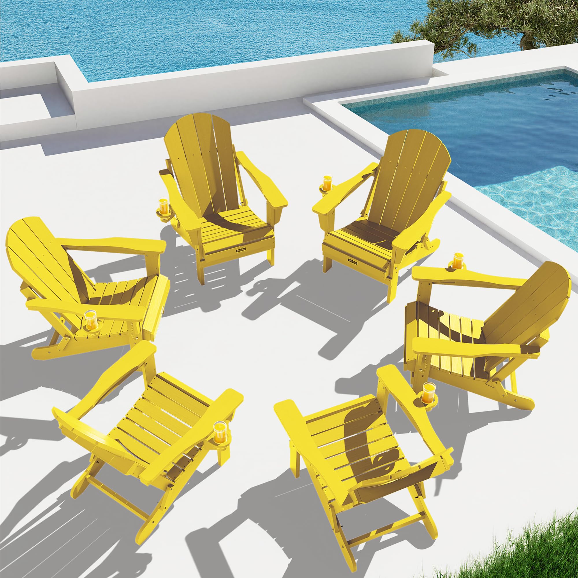 SERWALL Folding Adirondack Chair Set of 6 with Cup Holder for Patio- Yellow