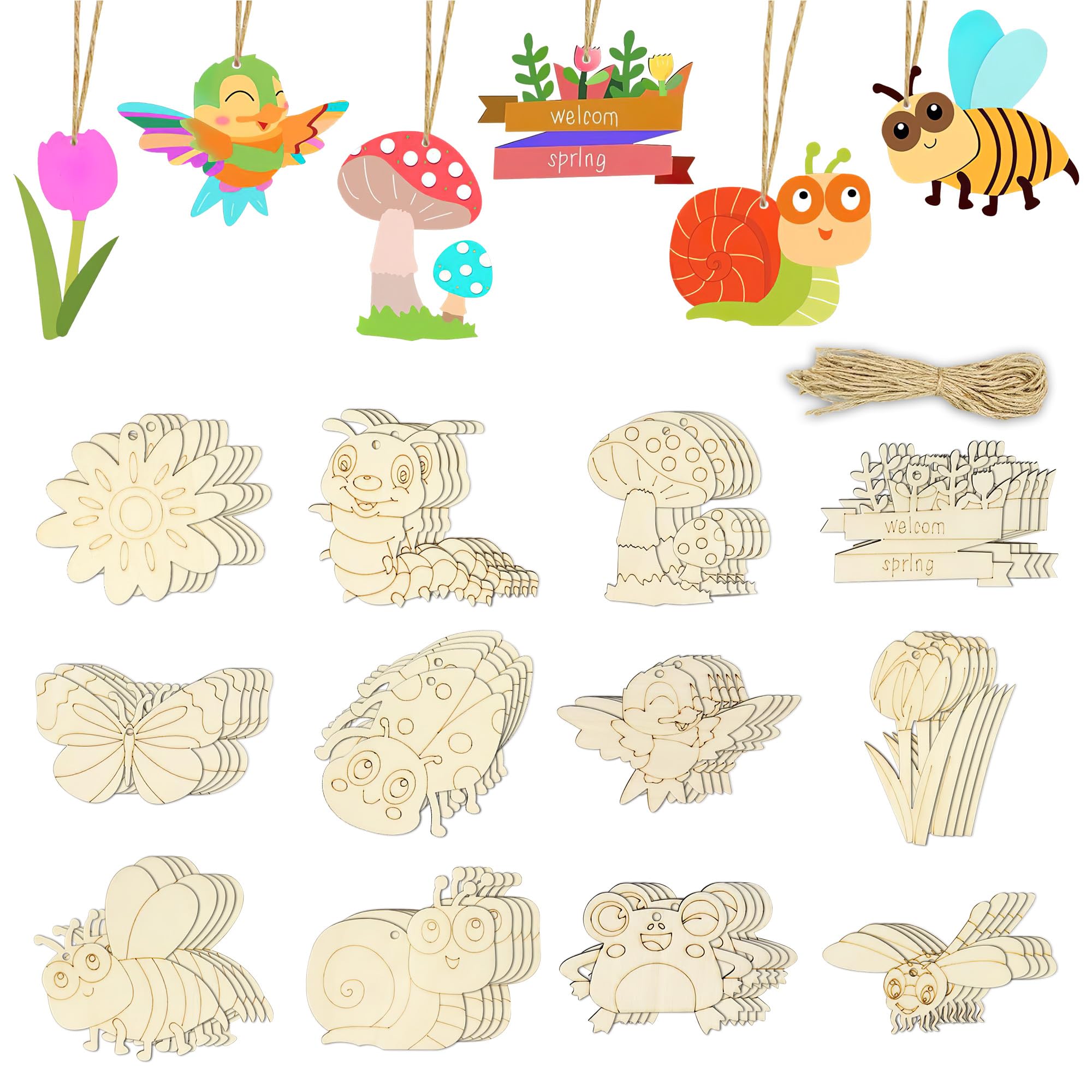 ZSSZD 60 Pcs Wooden Crafts Shapes Set for Kids, Wooden Butterflies, Insects, Wood Mushrooms, Flowers, Unfinished Hanging Ornaments with Holes, for Graffiti Painting DIY Projects & Party Decorations