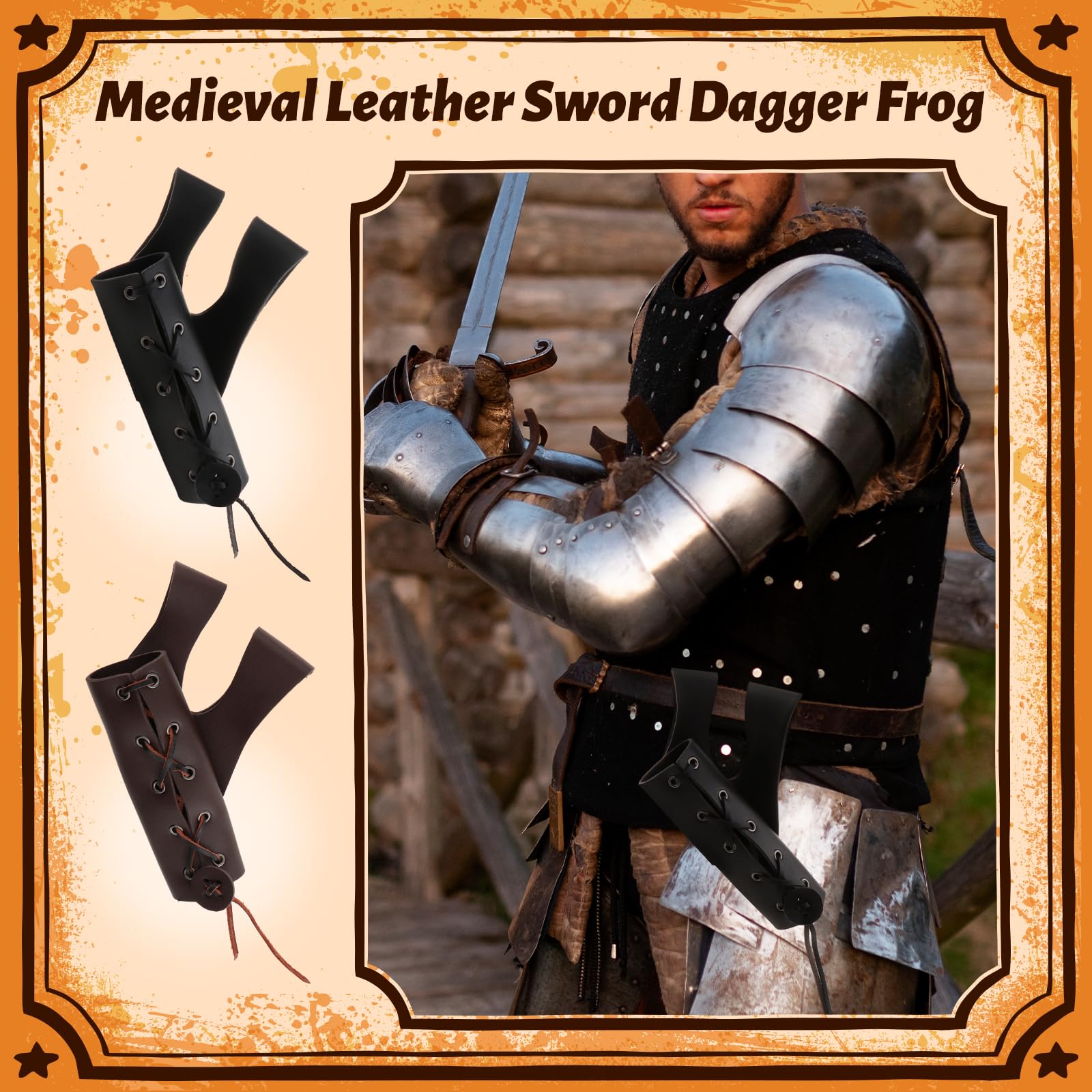Deevoka PU Leather Medieval Sword Dagger Frog Scabbard Vintage with Adjustable Rope for Assassin Vikings Performance Cosplay Stage, Brown