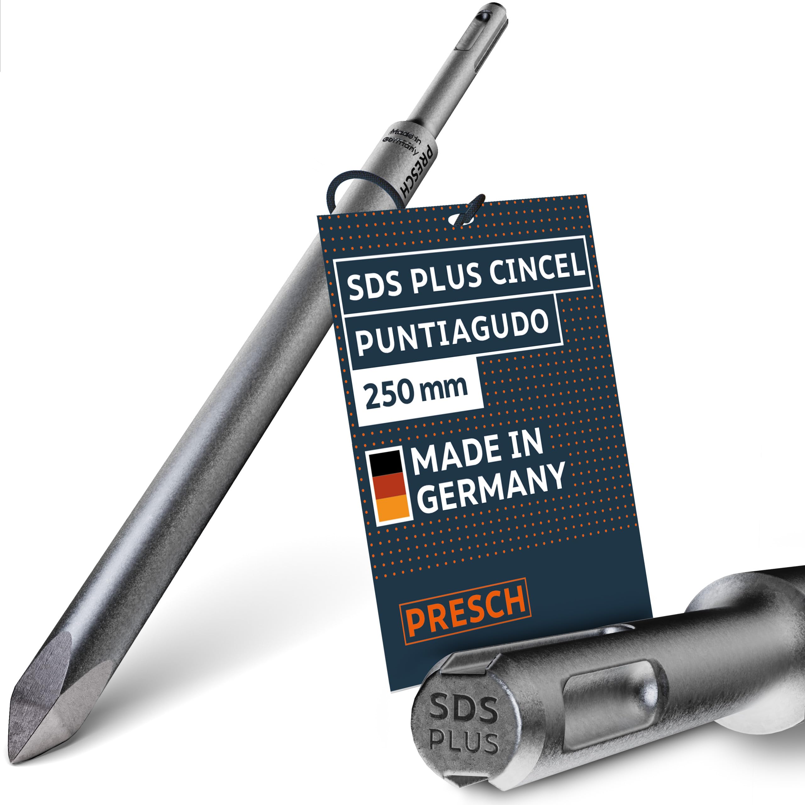 PRESCH SDS plus Cincel Puntiagudo - Punta extremadamente robusta y duradera - Para todos los trabajos de perforación (longitud 250 mm) - Cincel de acero de alto rendimiento para golpes potentes