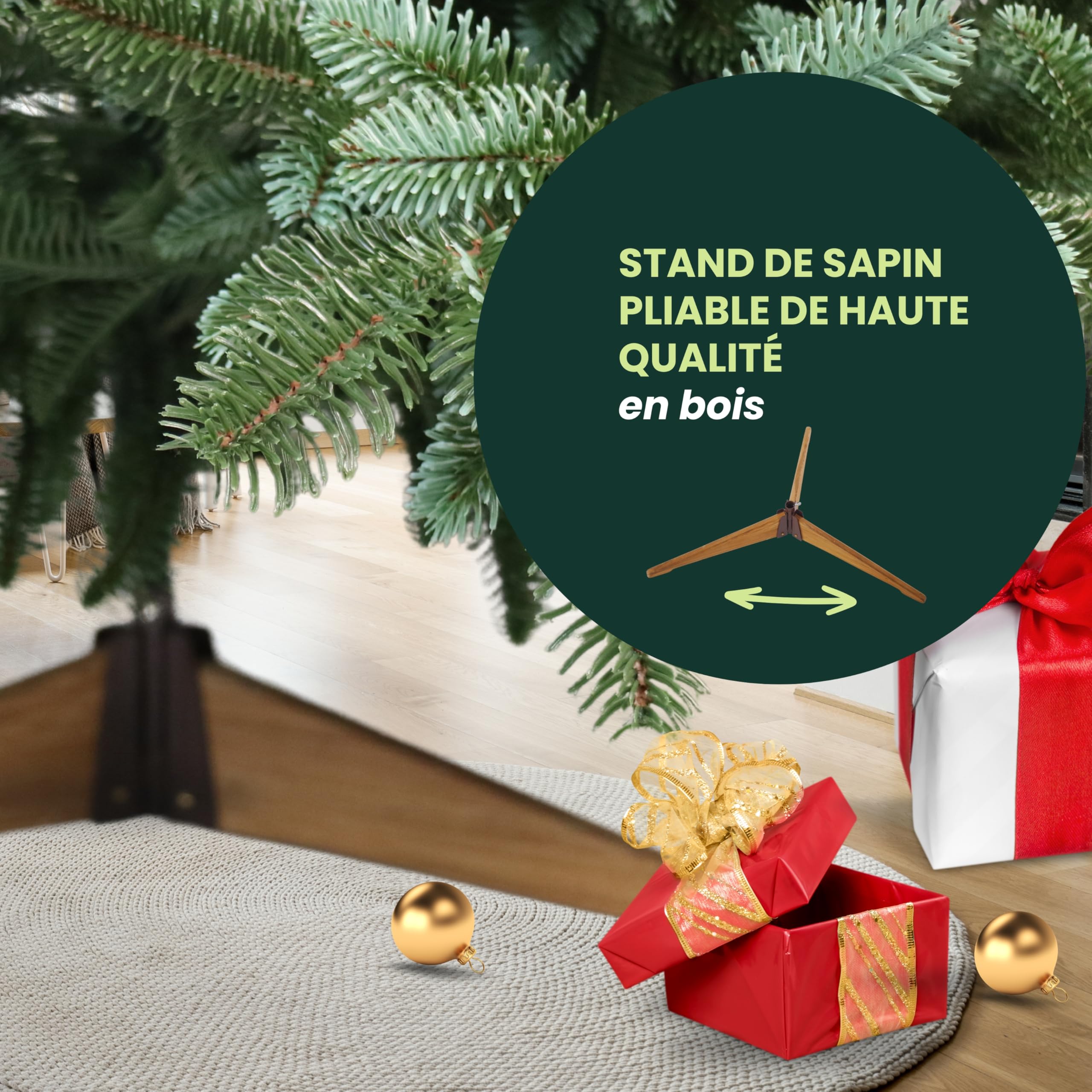 Evergreen Tree® Sapin de Noël Artificiel 210 cm Premium - 100% Moulé par Injection, Fabriqué dans l'UE - avec Support en Bois Naturel