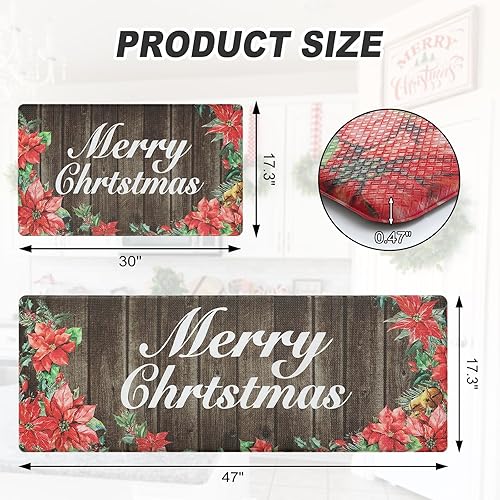 Miniatura 3 de KIMODE Juego de 2 alfombras y tapetes de cocina con texto en inglés "Merry Christmas", antideslizantes, antideslizantes, color rojo, floral, marrón,