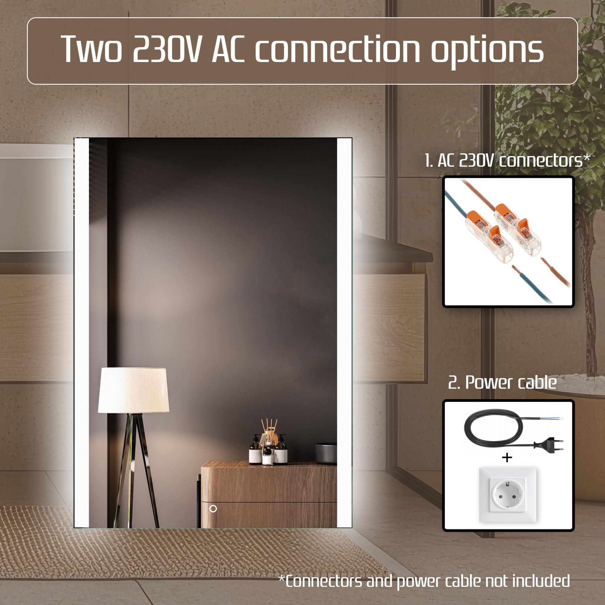 Venti Espejo Baño LED 50 × 70 cm, Iluminación Lateral | Espejo LED de Pared, Espejo Baño con Luz, Interruptor Táctil, Luz Blanca Neutra, Diseño Moderno