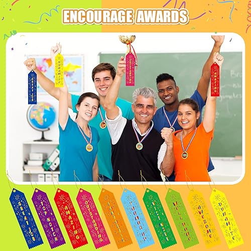 Miniatura 5 de Geyee 100 cintas y medallas de premios para el día de campo, ganador a granel, medallas de premio de plástico, medalla motivacional con cinta para