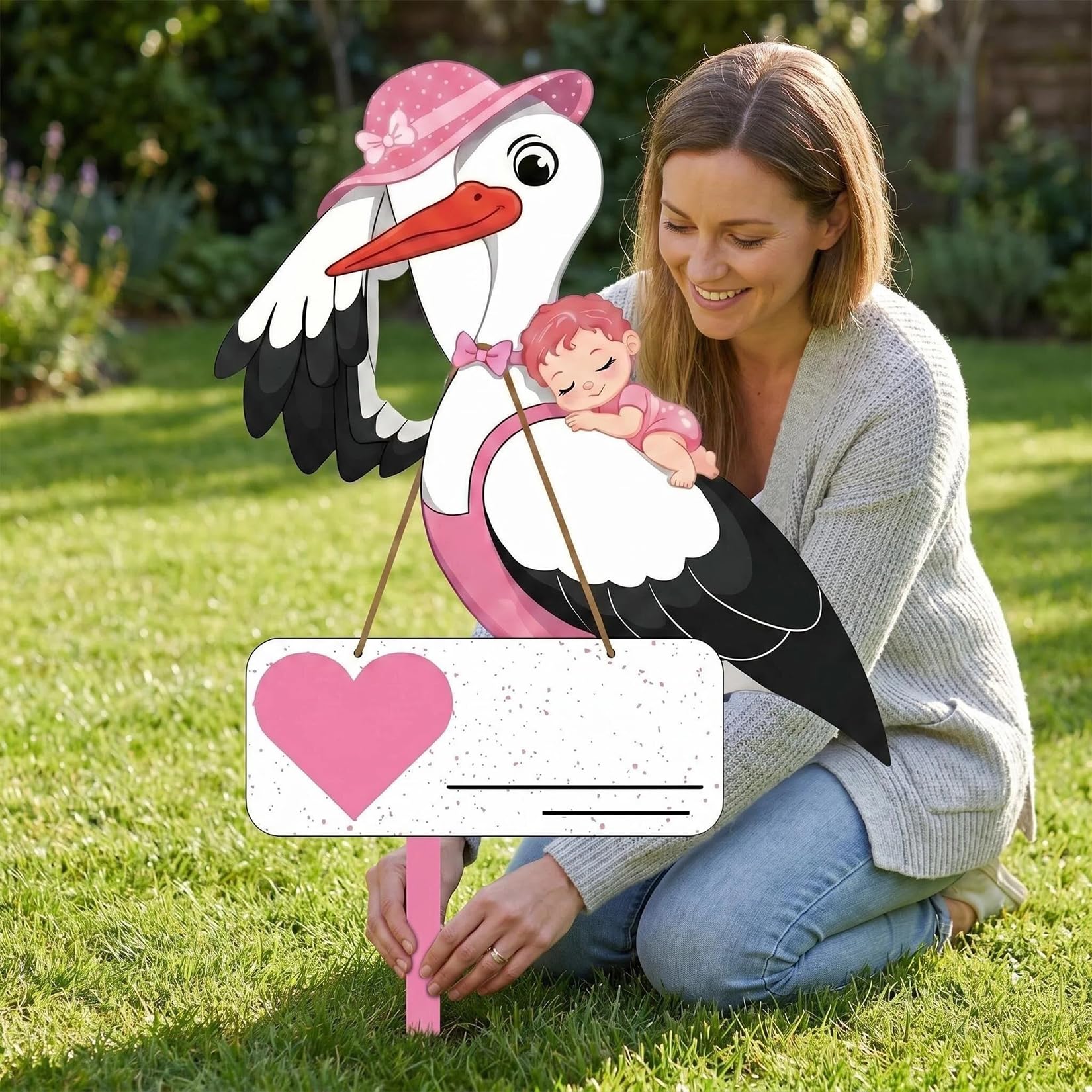 Cigogne à Clapette pour Naissance Bébé Imprimé Sur Deux Faces avec Bâton en Bois Plaque Nominative pour L'intérieur Et L'extérieur Idée Cadeau Naissance (Rose)