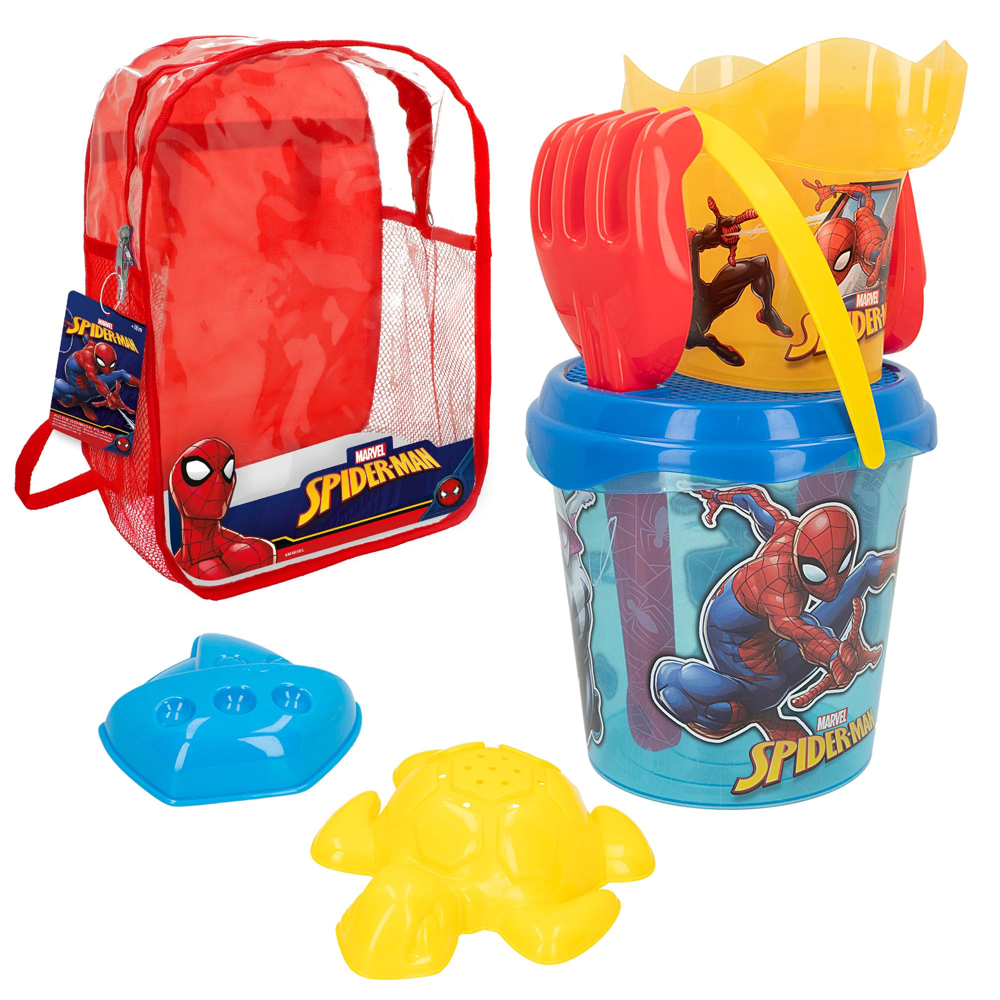 ColorBaby 77377 Marvel Spiderman Set de Playa Infantil, Conjunto de Cubo de Playa con Pala, rastrillo, regadera y Accesorios, Mochila de Playa para niños, Set Playa Infantil, Mochila con Juguetes