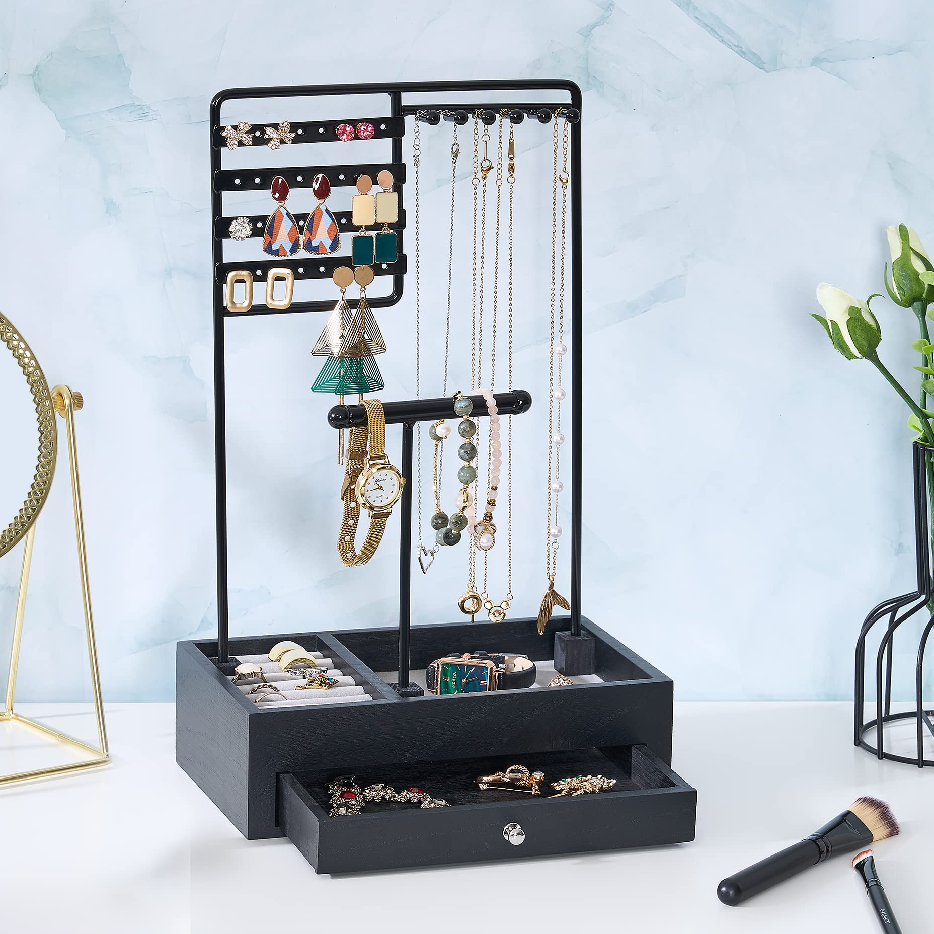 BEWISHOME Jewelry Organizer Stand, Jewelry Holder Organizer for Women Girls Gifts Jewelry Tree Stand with Wooden Basis for Earrings Rings Necklaces Watches Bracelets Black, SSJ01B