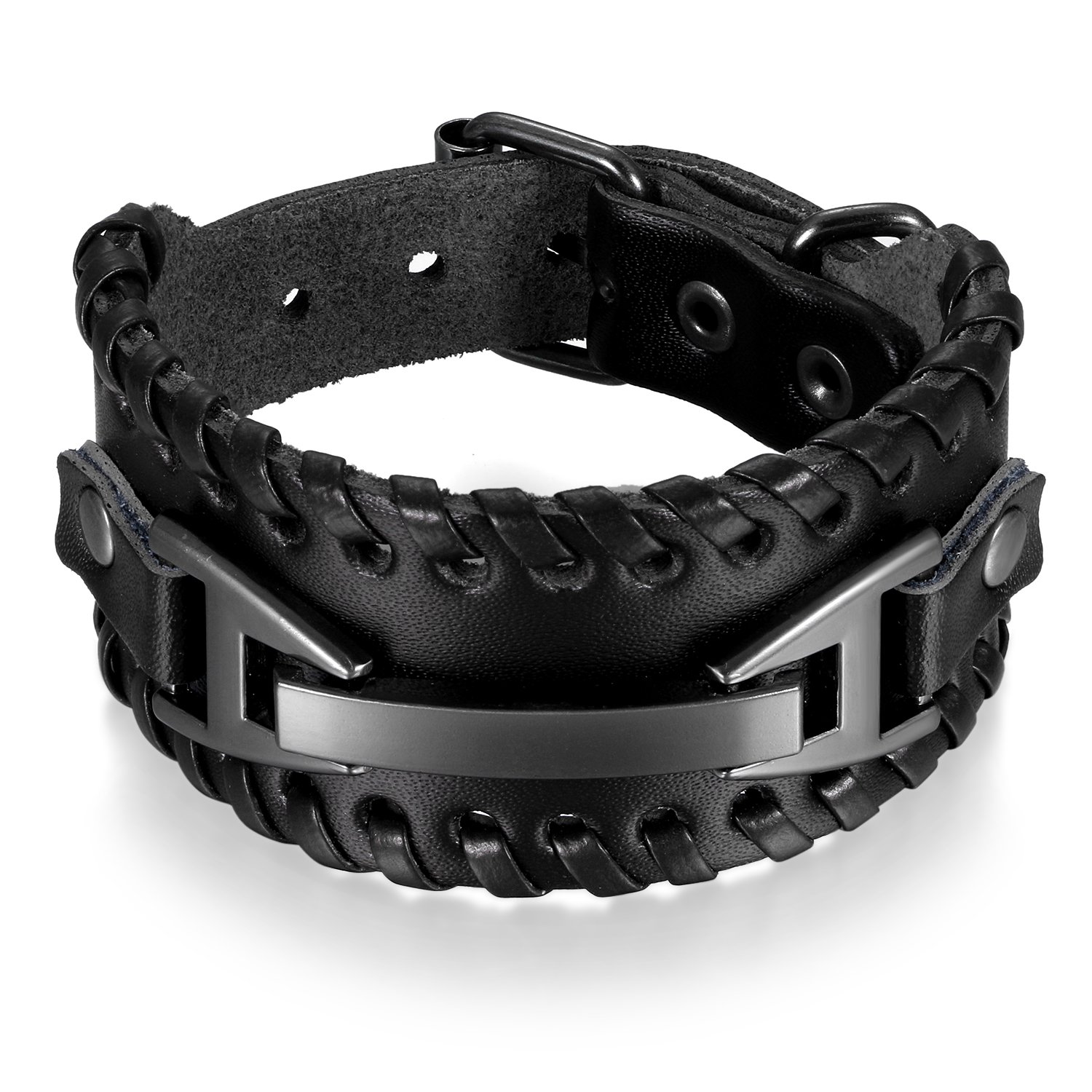 OIDEA Bracciale Uomo In Pelle Nera Intrecciata: Regolabile 15-20cm, Larghezza 3,3cm, Stile Surfista