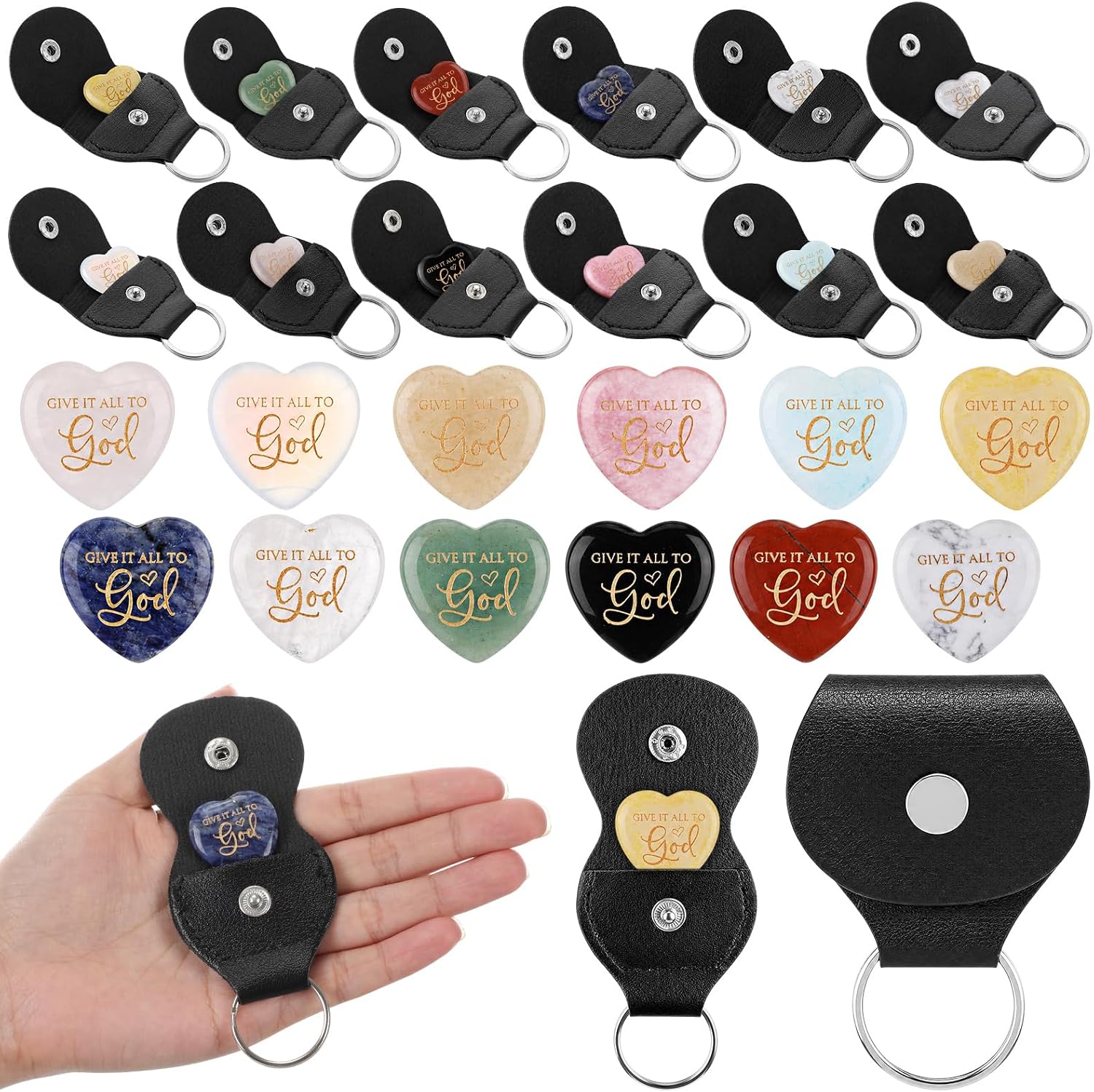 Sureio 24 Sets Pocket Hug Token Worry Stones Bulk Give It All to God Heart Healing Stone 12 Colors Mix-color Natural Stones with PU Keychain Church Gifts Christian Gifts for Women Church Member Friend