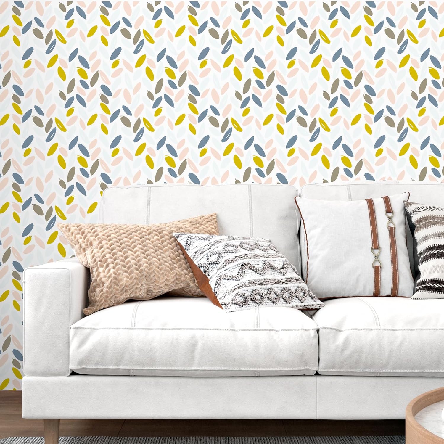 Colorful Leaf Wallpaper Peel and Stick Floral Wallpaper Geometric Leaf Wall Paper for Living Room Bedroom Kids Room White Contact Paper for Cabinets Removable Vinyl Wrap 17.5"x102"