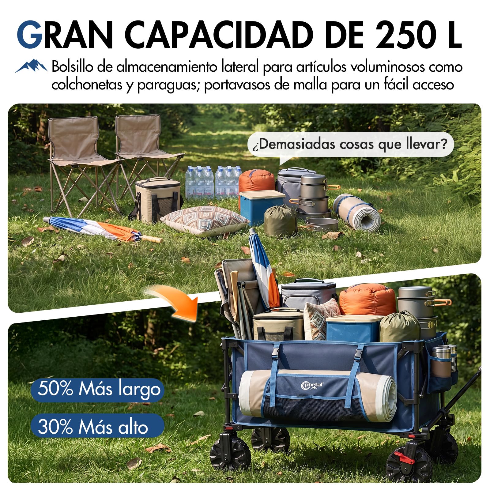 Portal Carro plegable de 250 l, 150 kg, con neumáticos | Carro de mano con soporte para bebidas, carro plegable para jardín, camping, festival