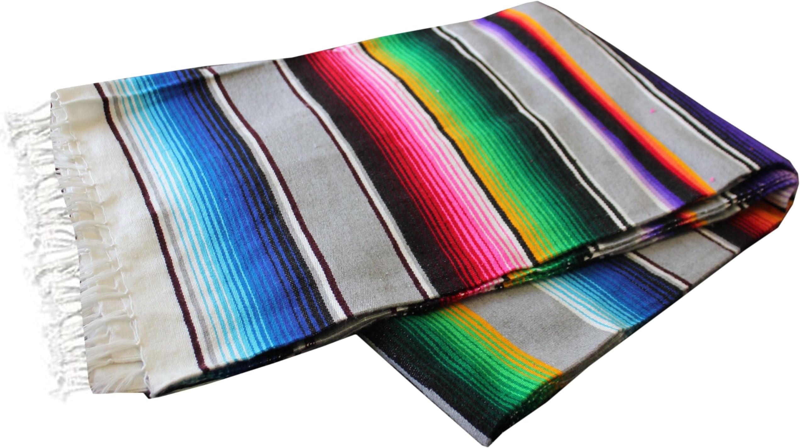 CMFA Del Mex Authentic Mexican Serape Blanket โ Extra Large 82" x 58" Handwoven Traditional Tablecloth โ Thick Throw for Beach, Yoga, Camping, and Home Decor โ Made in Mexico (Light Grey)