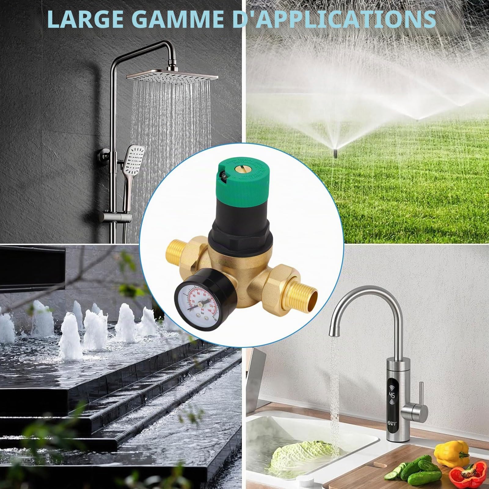 Régulateur de Pression de L'eau avec des Jauges de 0 à 60 MPA, du Réducteur de Pression D'eau en Laiton Vanne de Régulateur de Pression D'eau pour les (3/4 de pouce (DN20))