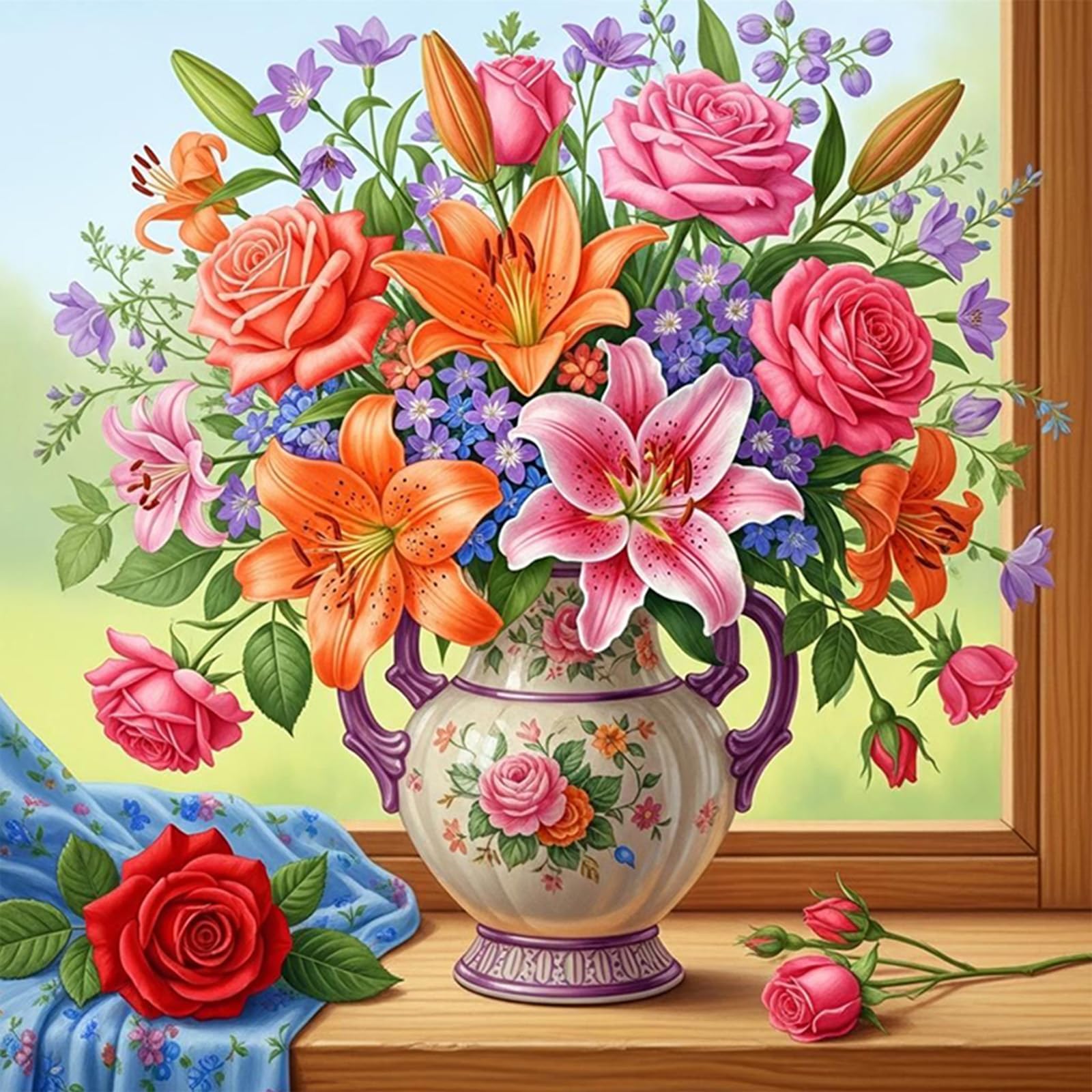 Poetrydraw Roses By The Window 5D Diy Diamond Art Kit For Adults Beginners Home Decor 17.72X17.72inch
